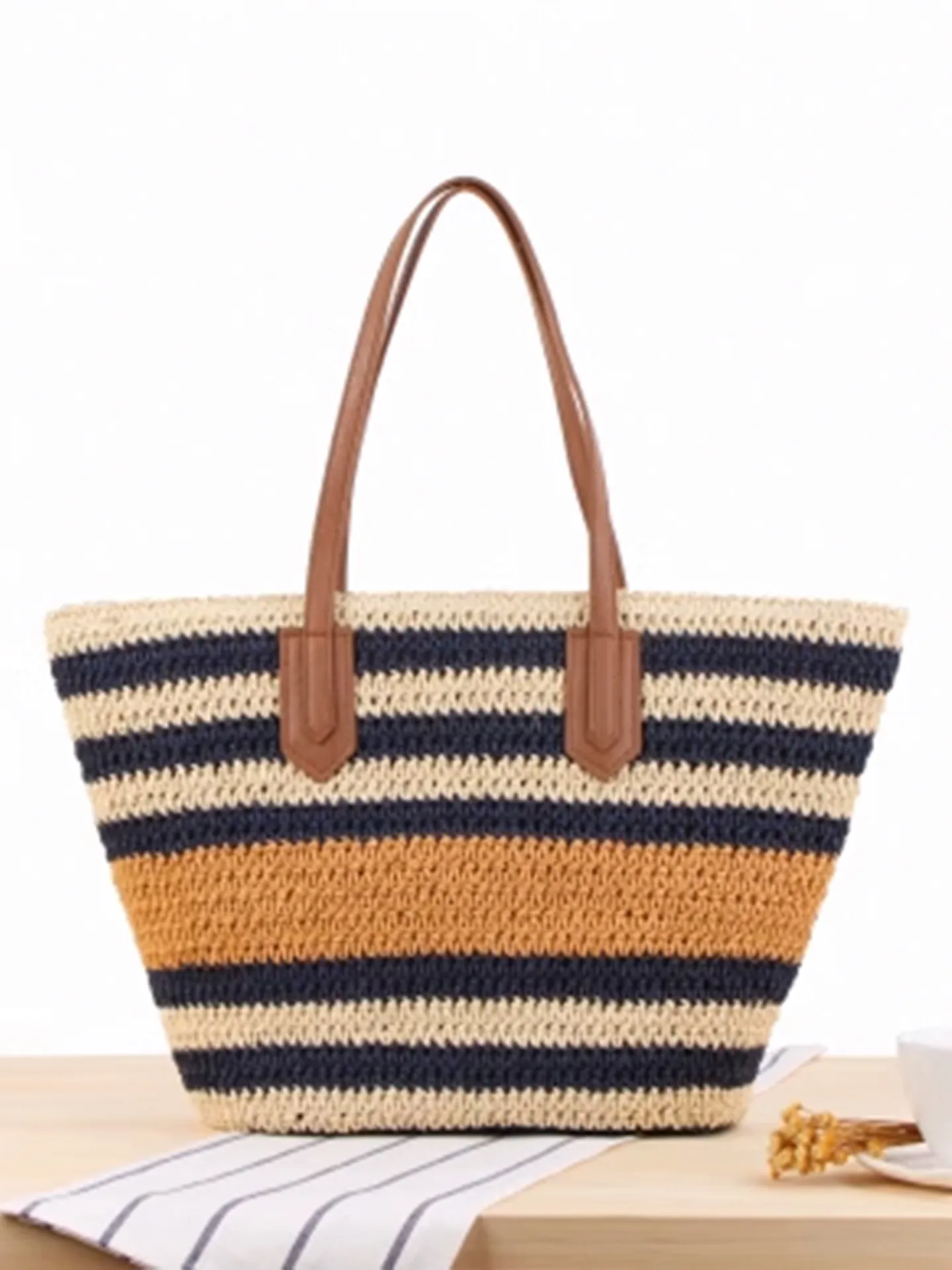 Women Striped Woven Paper Straw Tote Bag Large Shoulder Handbag With Zipper For Beach Vacation Holiday Casual