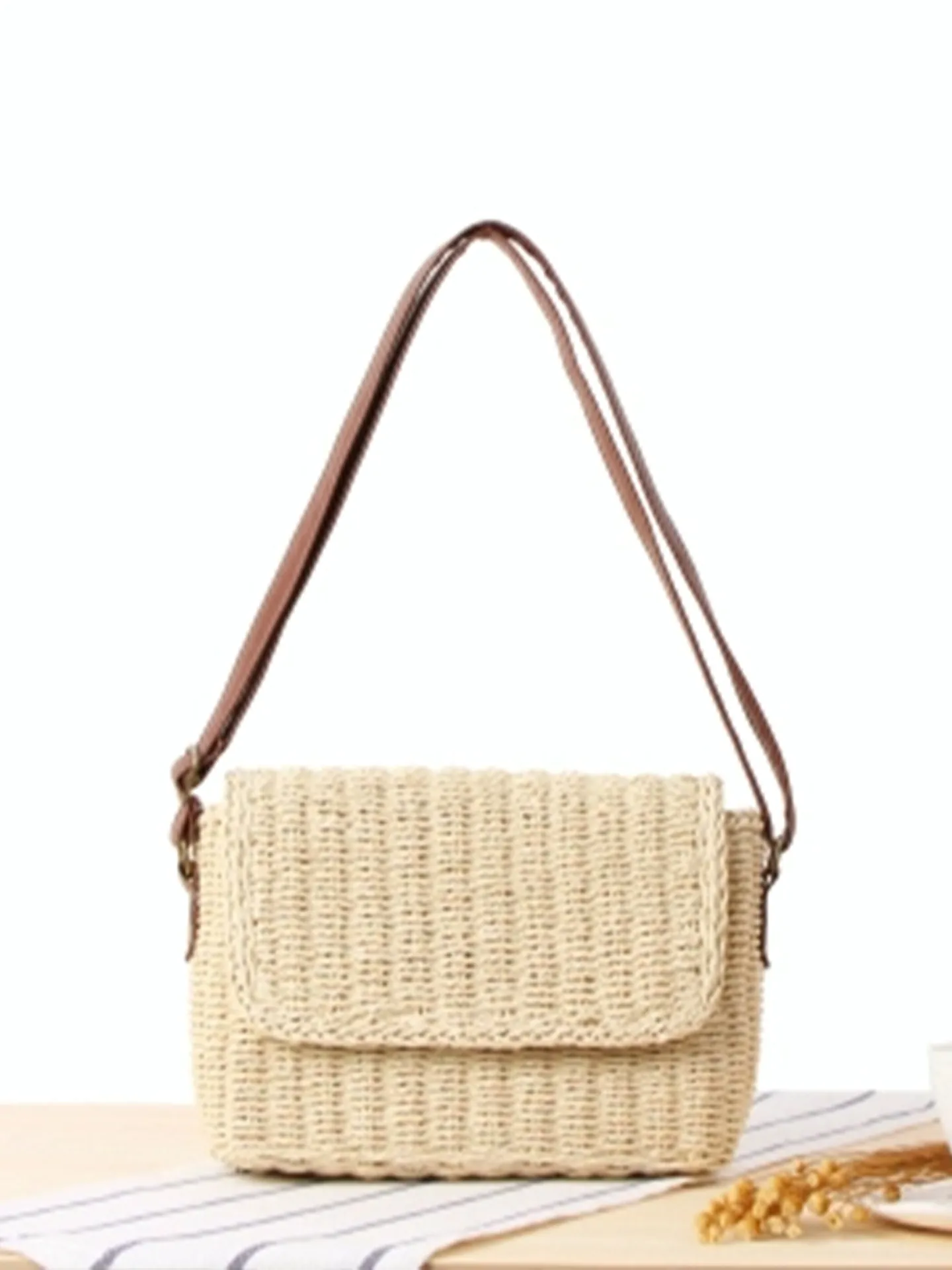 Women Handmade Woven Crossbody Bag Paper Rope Straw Shoulder Bag Minimalist Forest Style Purse For Beach Holiday Vacation