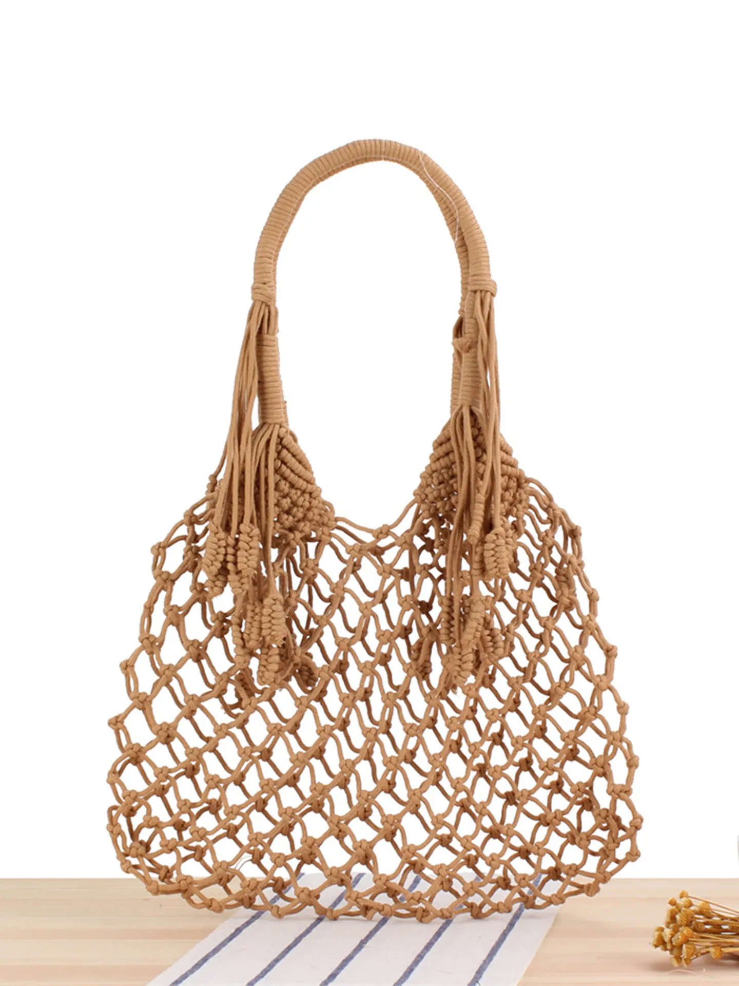 Handwoven Cotton Rope Tote Bag Bohemian Macrame Hollow Mesh Tassel Beach Vacation Handbag For Women