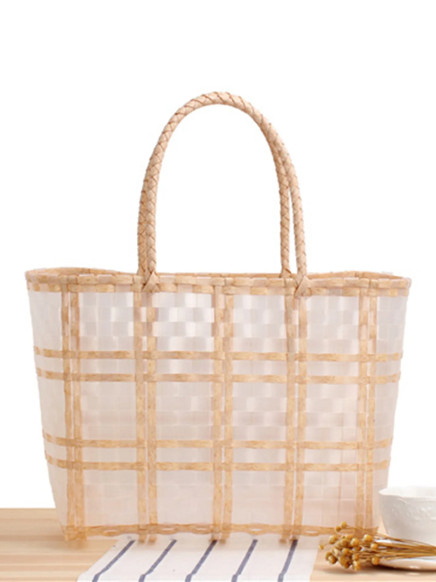 Large Woven Tote Bag PVC Plastic Plaid Checked Waterproof Handheld Handbag For Beach Shopping Picnic Natural Style