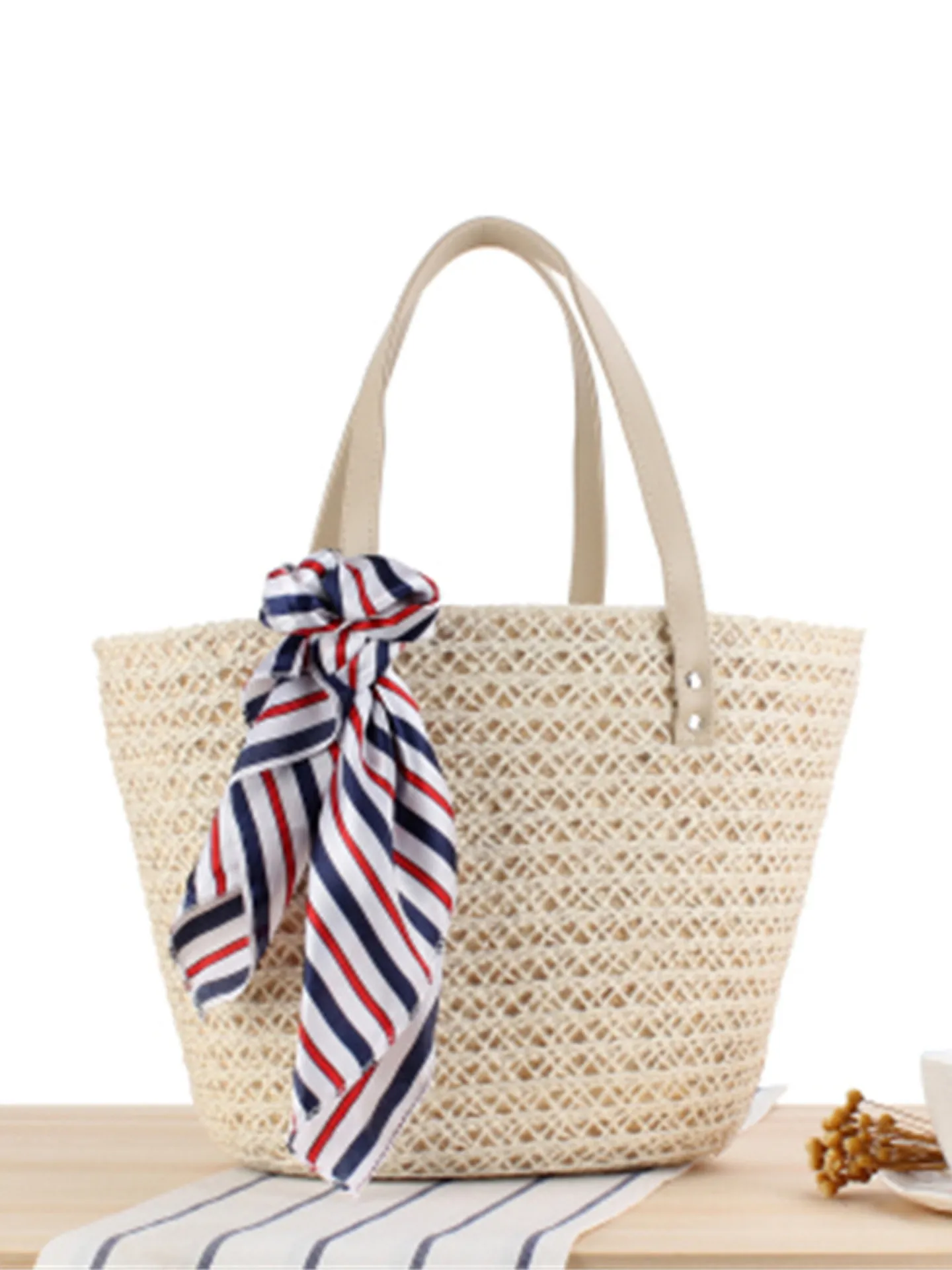 Women Straw Woven Tote Bag Hemp Rope Large Capacity Beach Vacation Handbag With Satin Scarf PU Handle Casual Fashion