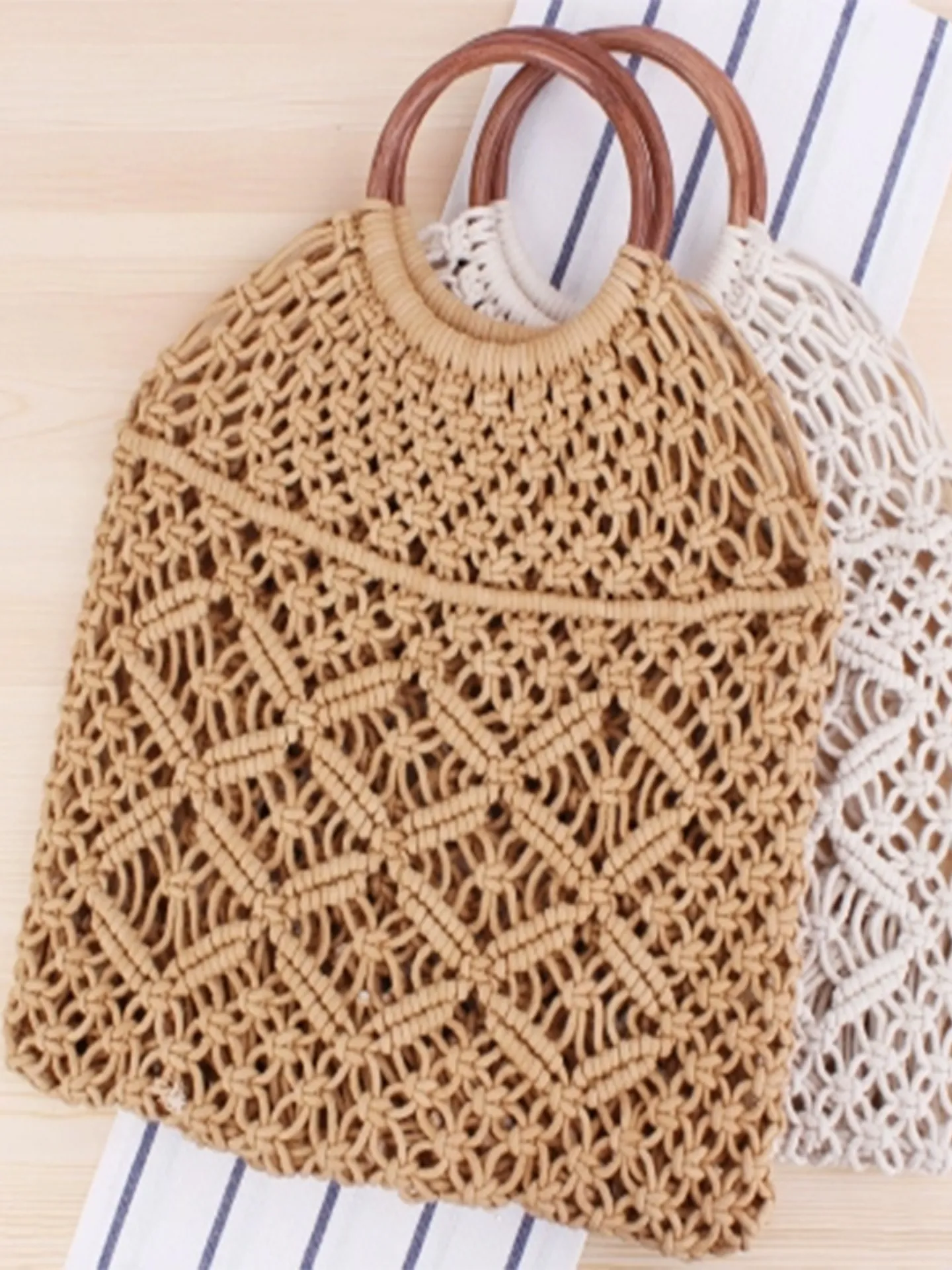 Sac À Main En Corde De Coton Tissé Avec Poignées En Bois Rondes Macramé Filet Fourre-Tout Pour Femmes Plage