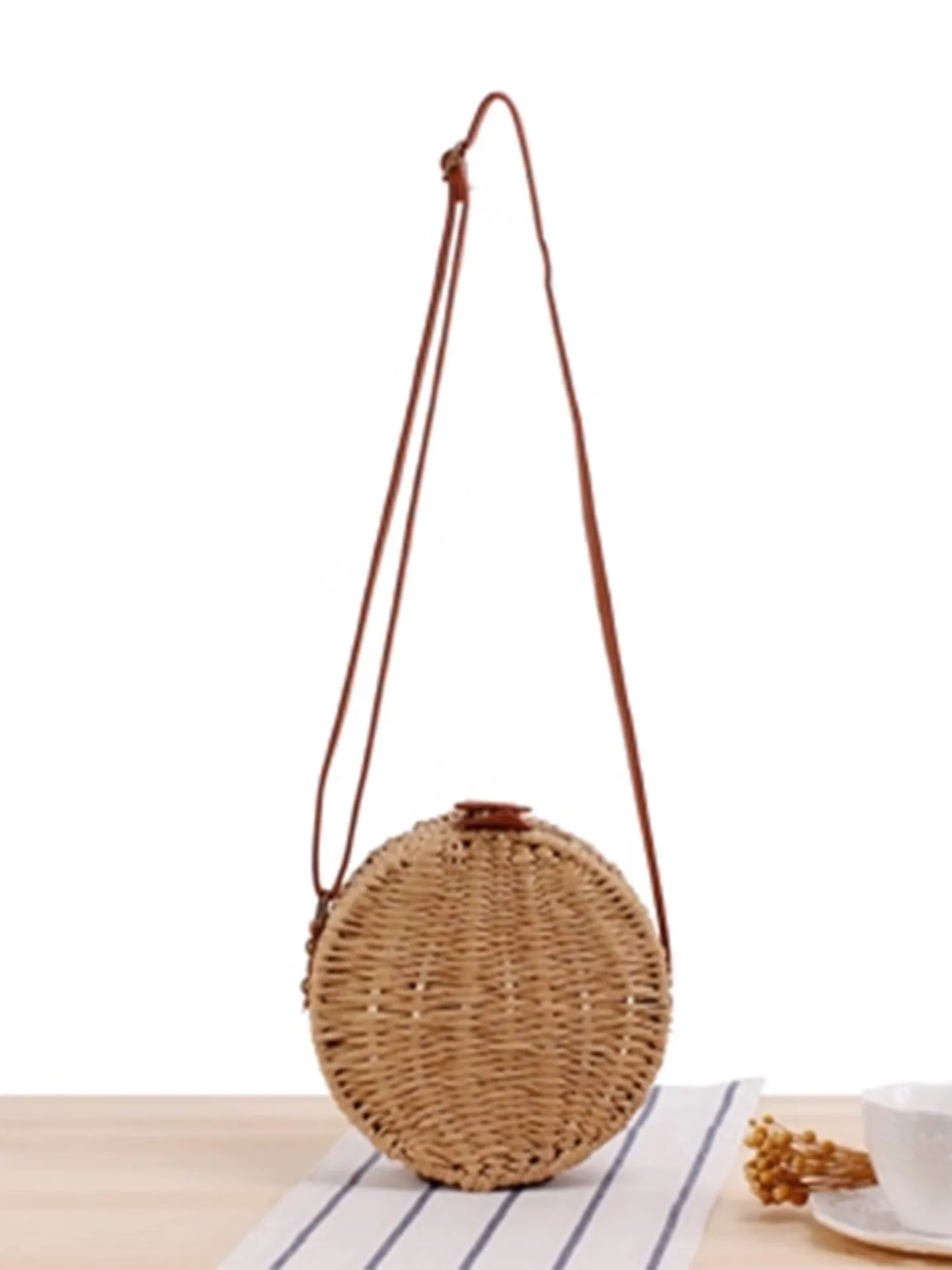 Women Round Paper Straw Woven Crossbody Bag Summer Beach Vacation Handmade Shoulder Bag With Magnetic Buckle Adjustable Strap Simple Daily Purse