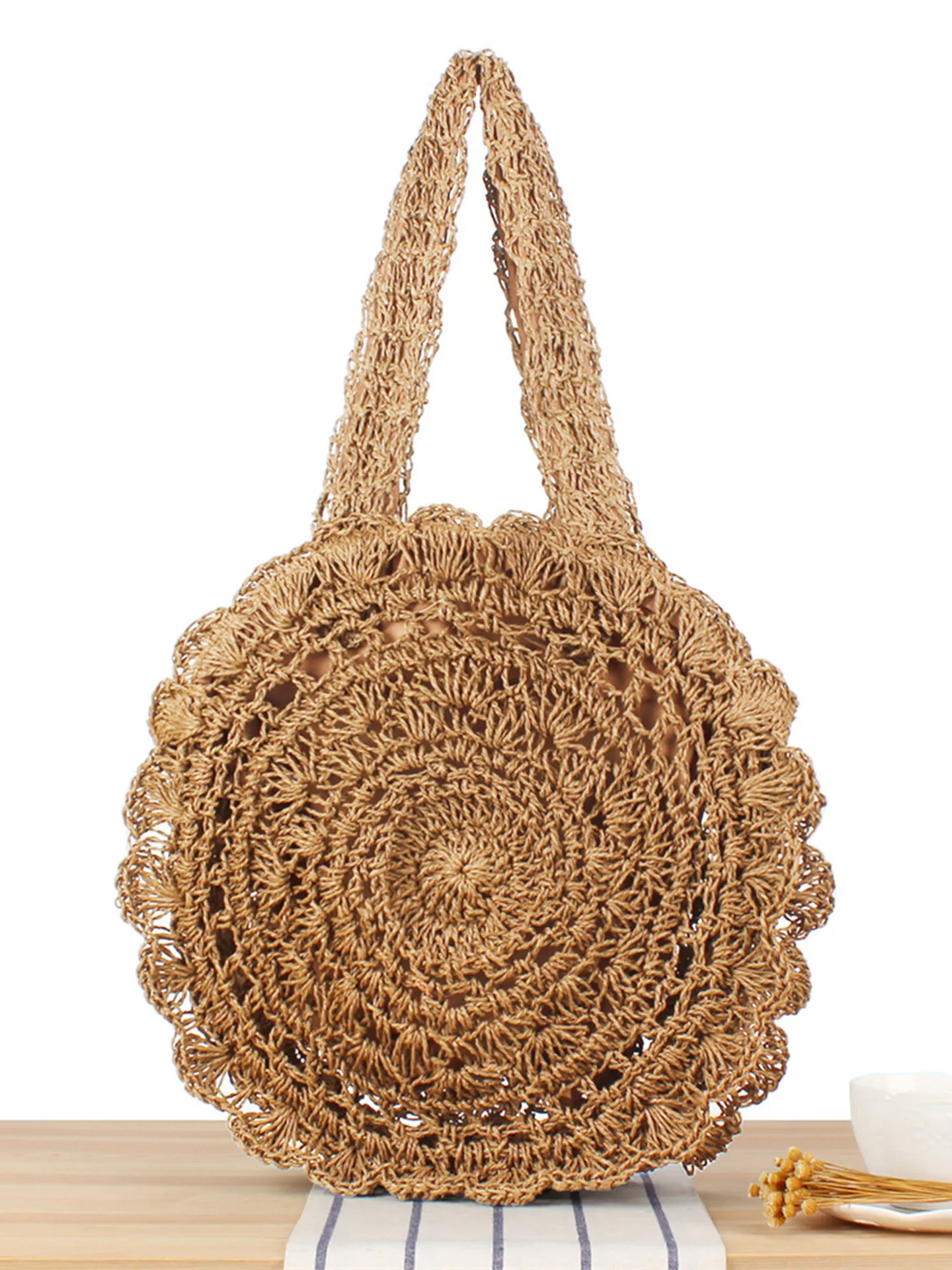 Round Paper Rope Woven Shoulder Bag Handmade Crochet Hollow Out Bohemian Summer Beach Tote Vacation Vintage Style Women