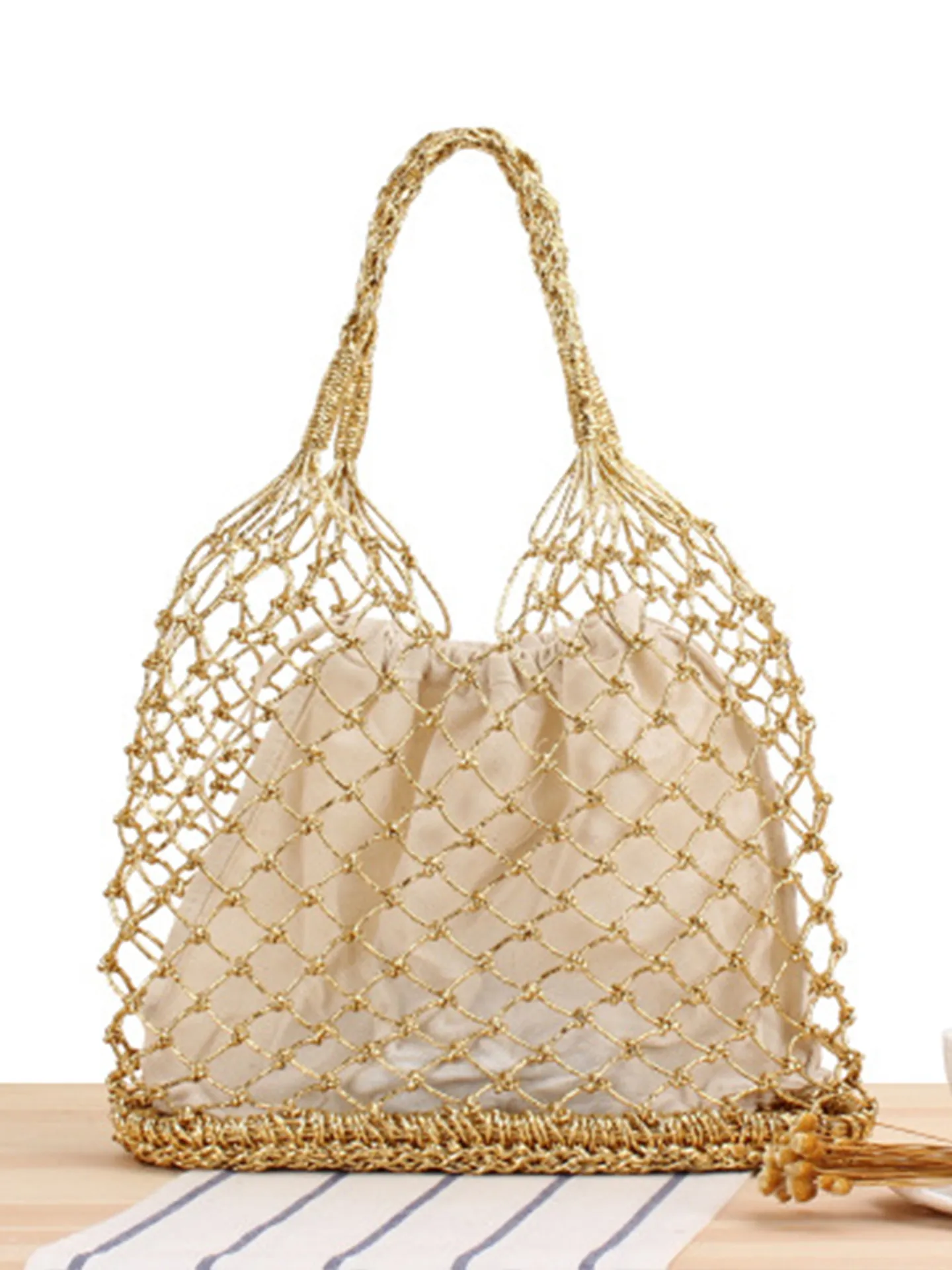 Handmade Woven Metallic Mesh Handbag With Drawstring Fabric Inner Liner For Women Fashion Beach Vacation Bucket Style Bag