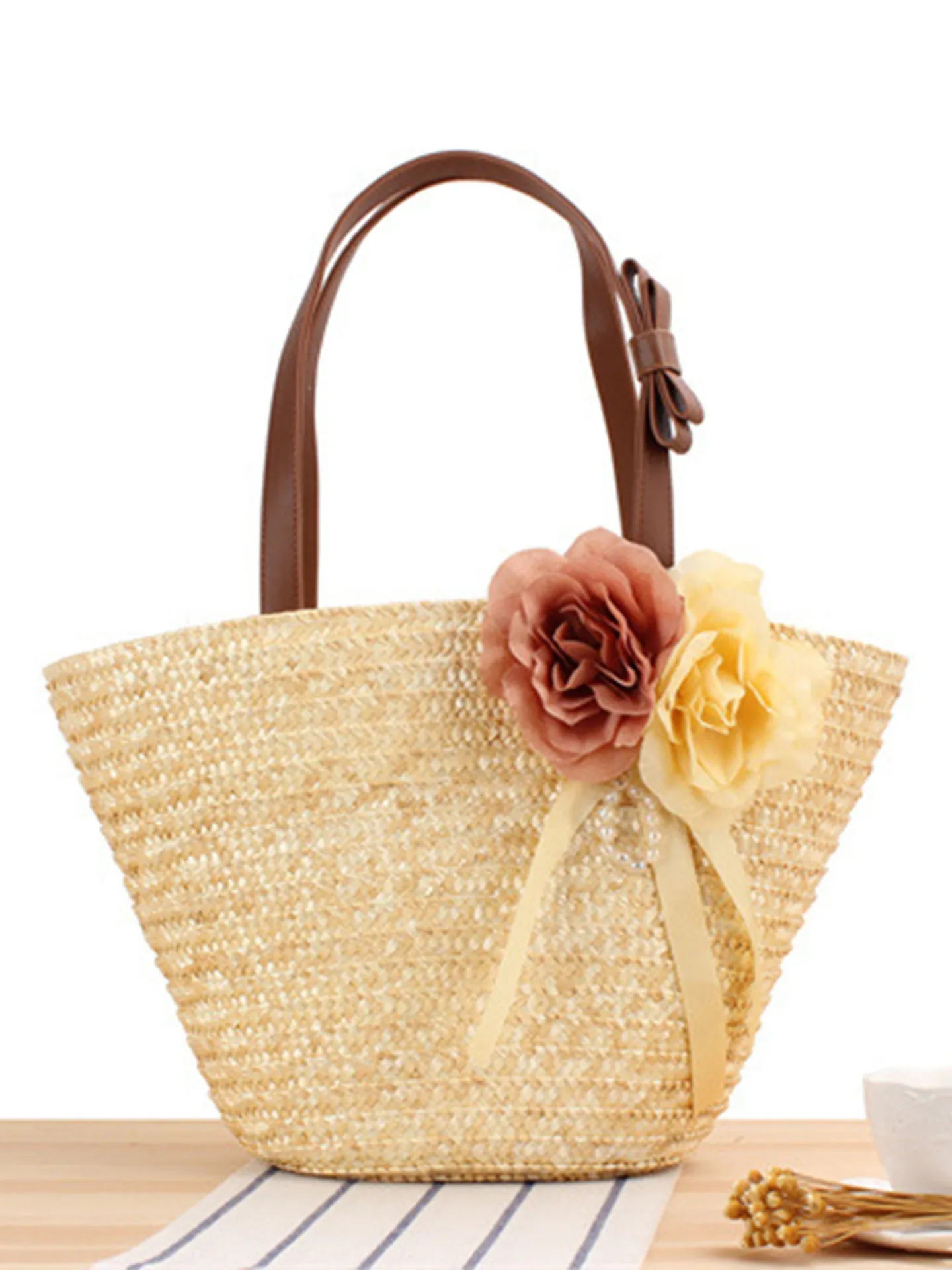 Handmade Straw Woven Shoulder Bag With Fabric Flowers Faux Artificial Pearl Ribbon Decor Summer Beach Tote For Women
