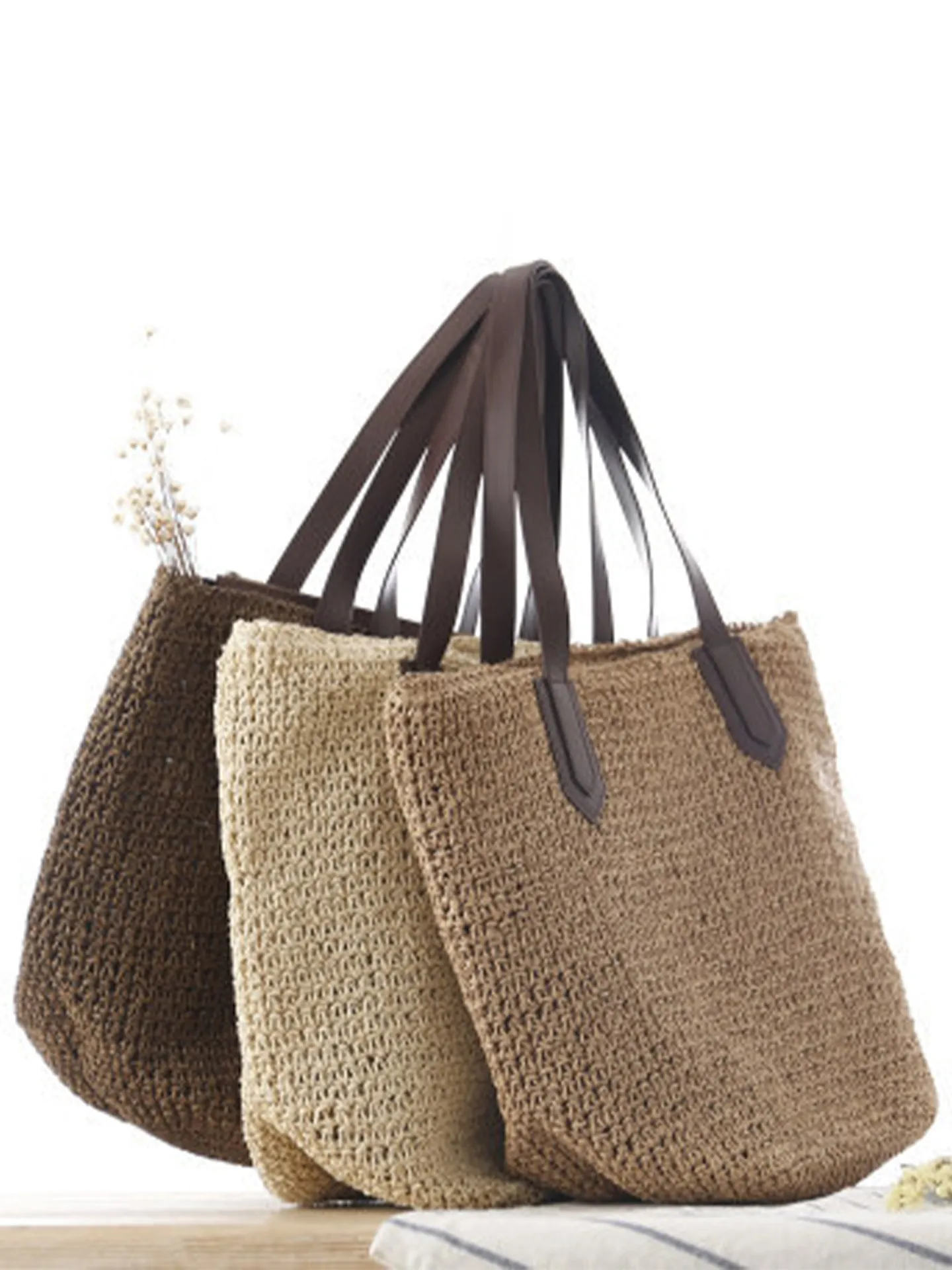 Sac Fourre-Tout Tissé En Paille Corde De Papier Grande Capacité Plage Été Vacances Sac À Main Décontracté Avec Poignées Cuir