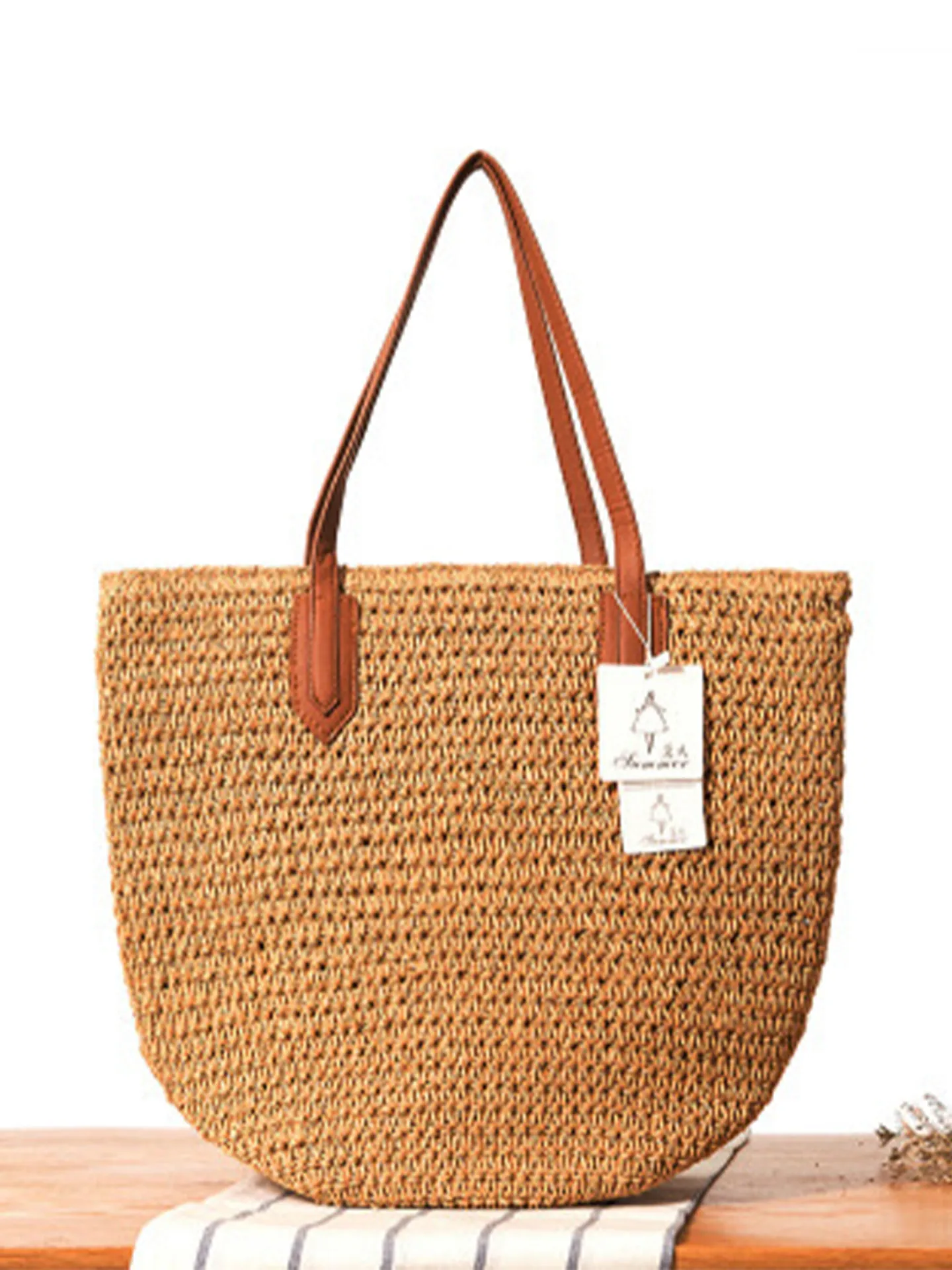 Sac Fourre-tout Tissé En Paille De Papier Pour Femmes Grand Sac À Main De Plage Fait Main Bandoulière En Similicuir Fermeture Éclair Été