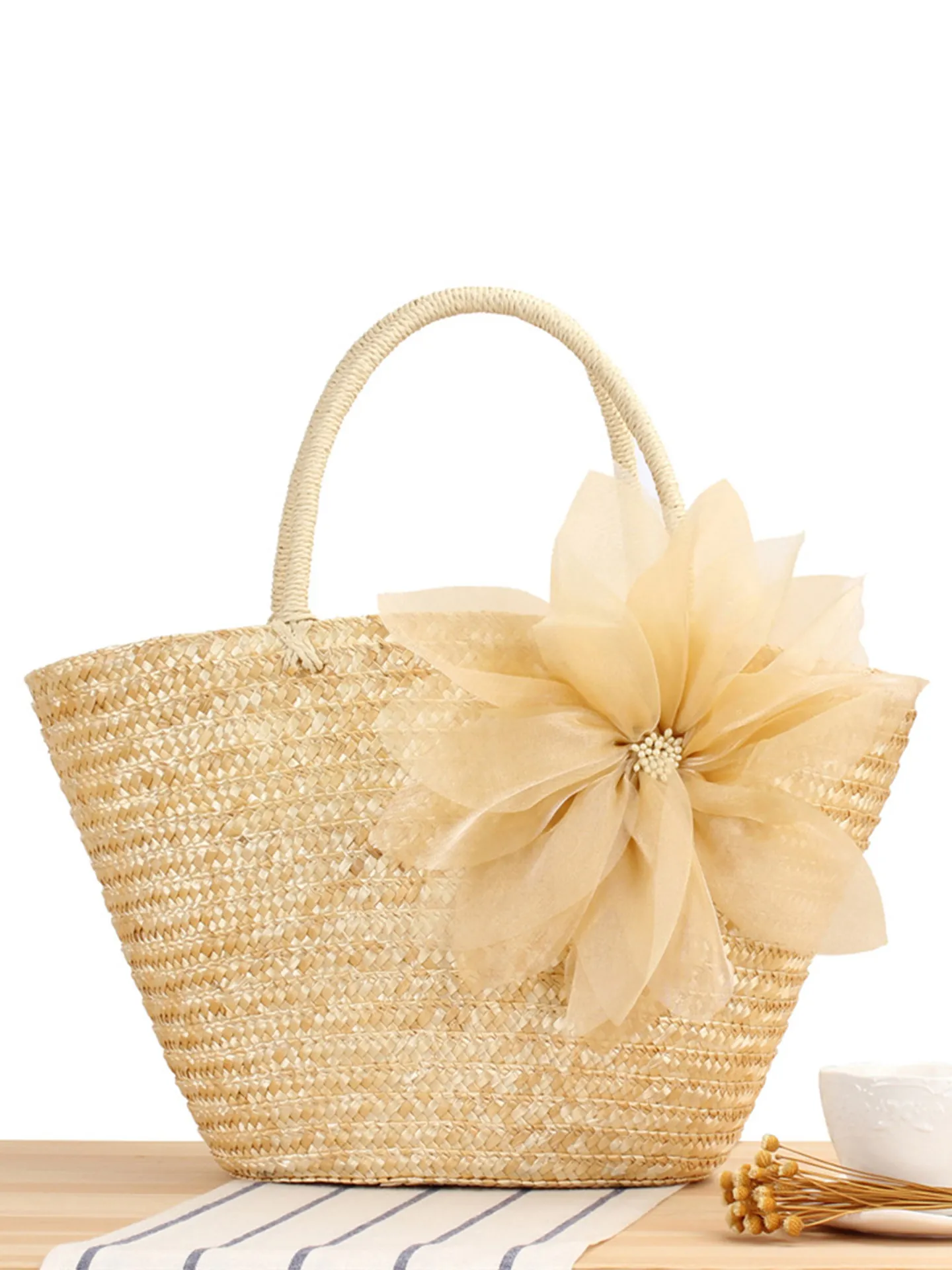 Straw Woven Tote Handbag Large Organza Flower Decor Summer Beach Vacation Travel Fashion Casual For Women