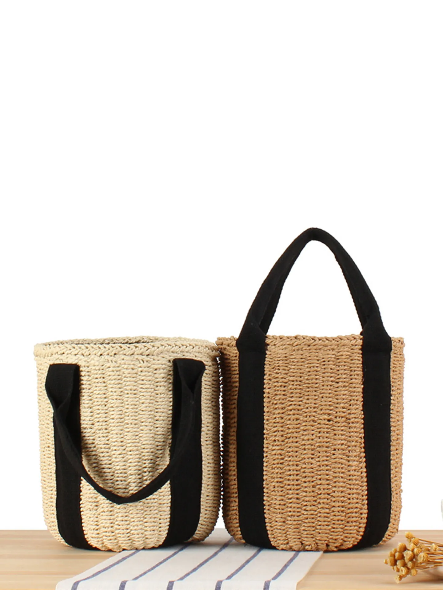 Borsa A Secchiello In Paglia Intrecciata Da Donna In Corda Di Carta Con Manici In Tela Nera Fodera Con Coulisse Borsa Da Mare