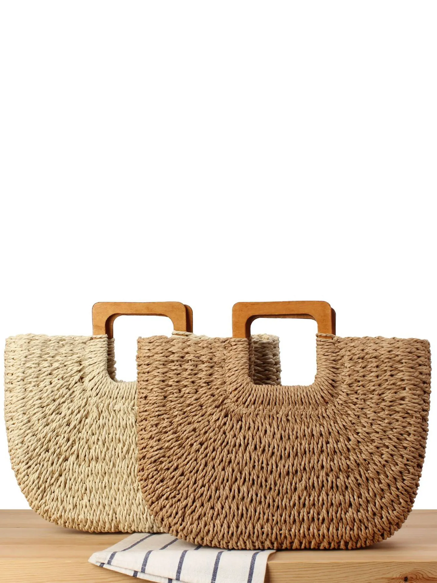 Sac À Main Tissé Main En Corde De Papier Avec Poignées En Bois Été Plage Grande Capacité Vacances Mori Style Pour Femmes
