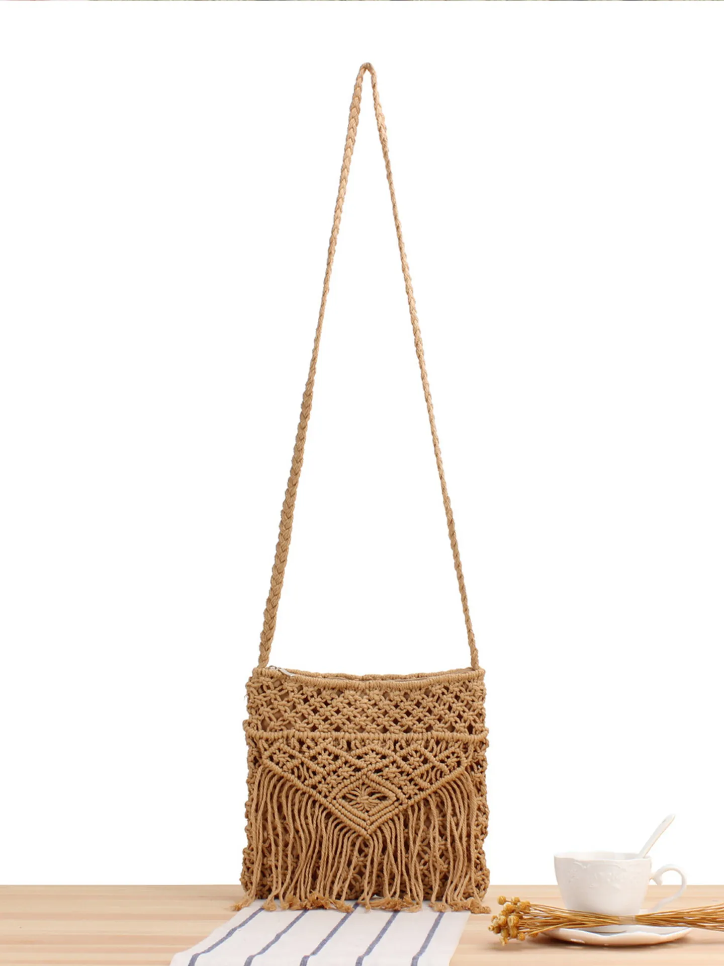 Böhmische Handgefertigte Gewebte Baumwollseil Umhängetasche Mit Fransen Quasten Geometrisches Muster Retro Schultertasche Damen