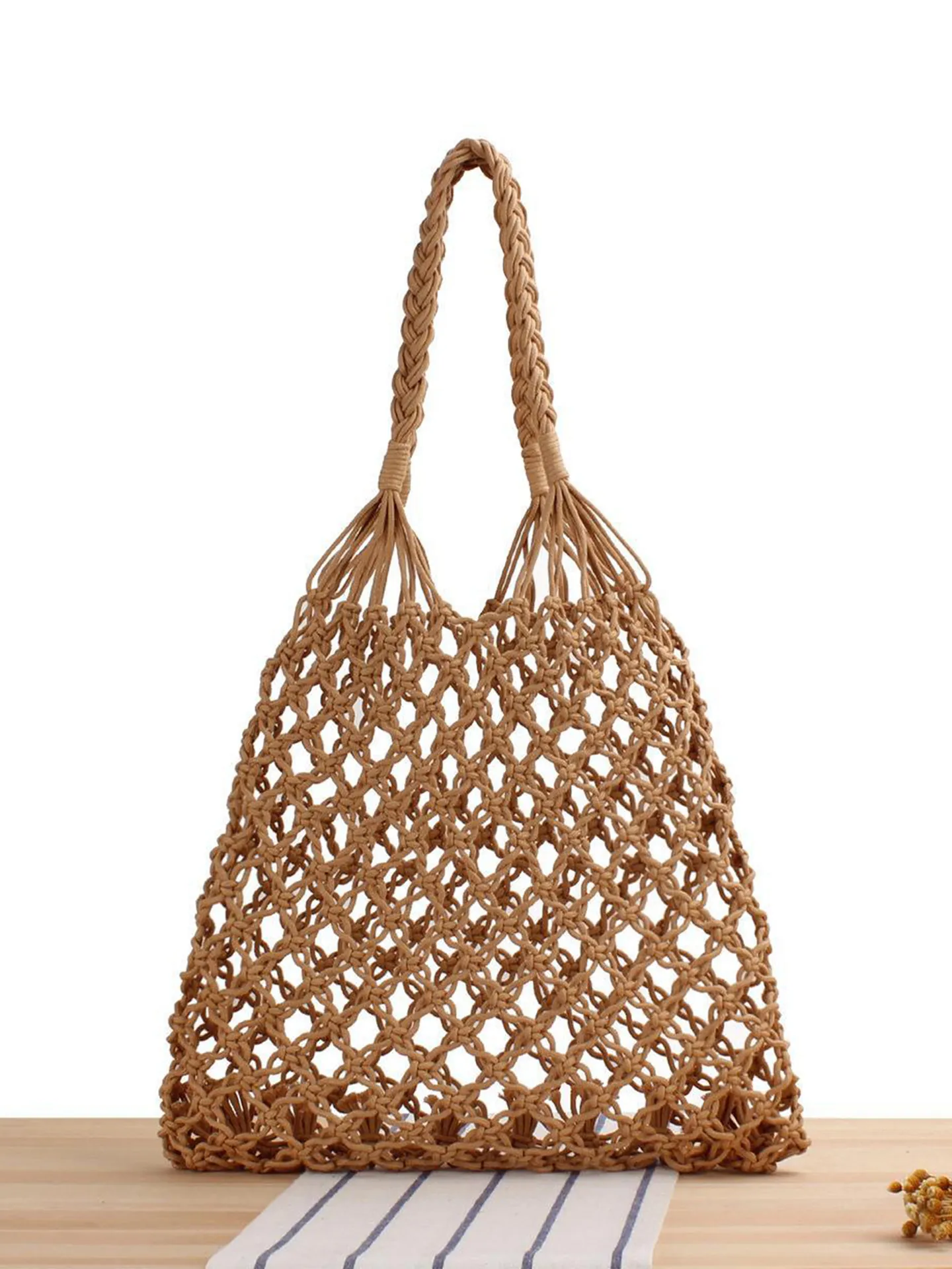 Women Hand Woven Crochet Shoulder Bag Cotton Rope Hollow Mesh Tote For Summer Beach Vacation Bohemian Style
