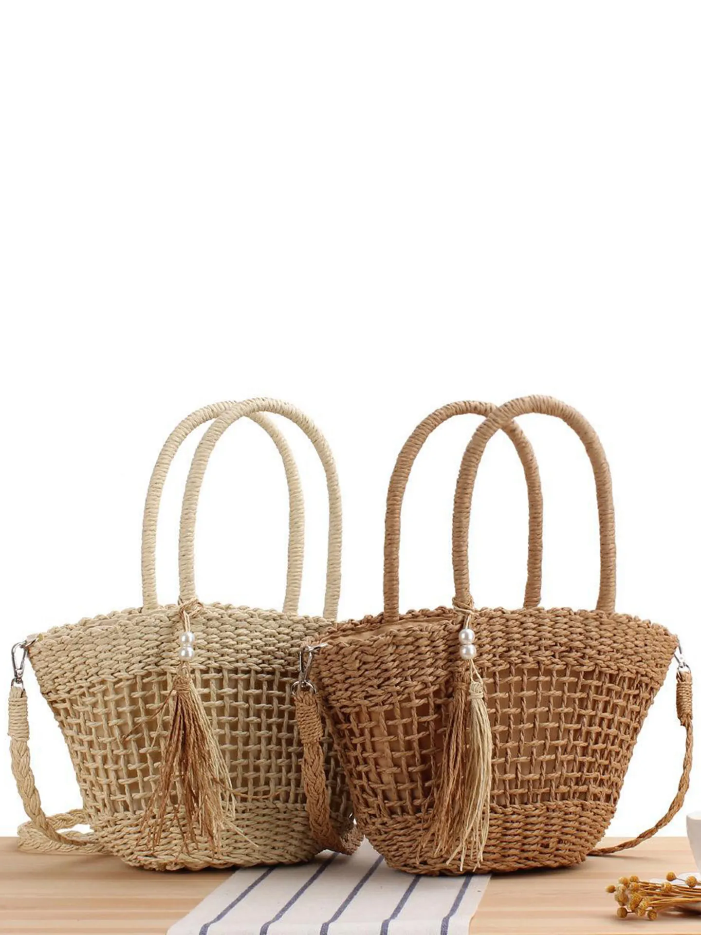 Sac Bandoulière Tissé Femme Corde Papier Ajouré Gland Künstliche Perle Été Plage Vacances Bohème Rétro Sac À Main
