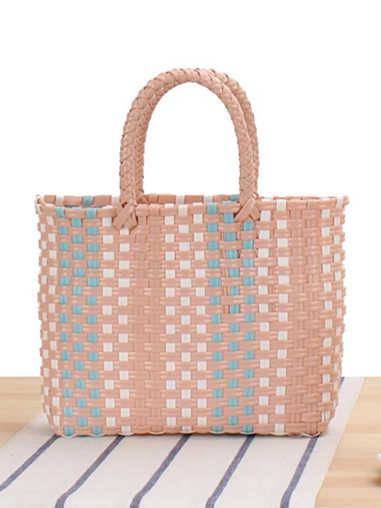 Woven Plastic Handbag Macaron Color Portable Picnic Basket Summer Beach Tote For Kids Girls Women Casual Storage Bag