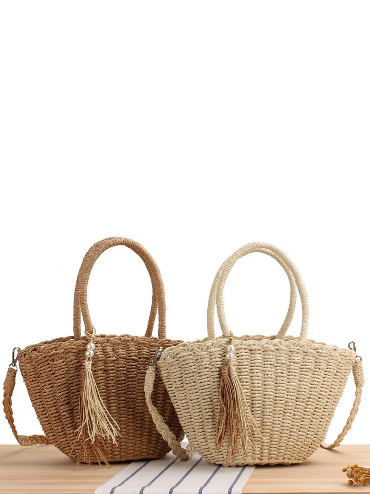 Women Woven Paper Rope Crossbody Bag Summer Beach Handbag With Tassel Artificial Pearl Decoration Retro Pastoral Style