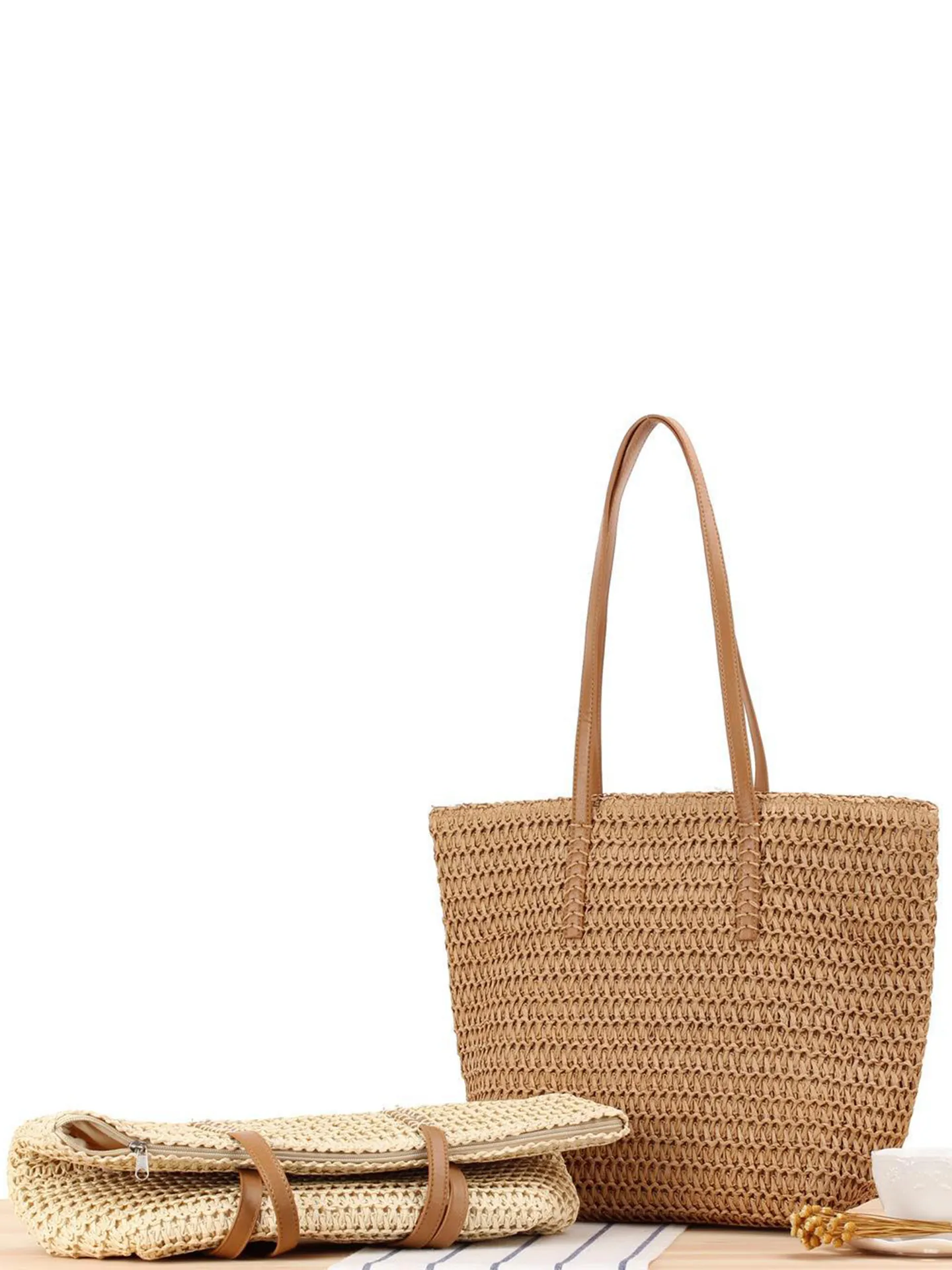 Sac Cabas Tissé En Corde De Papier Pour Femmes Sac À Épaule Grande Capacité Avec Sangles En Cuir PU Style Français Décontracté Sac De Plage