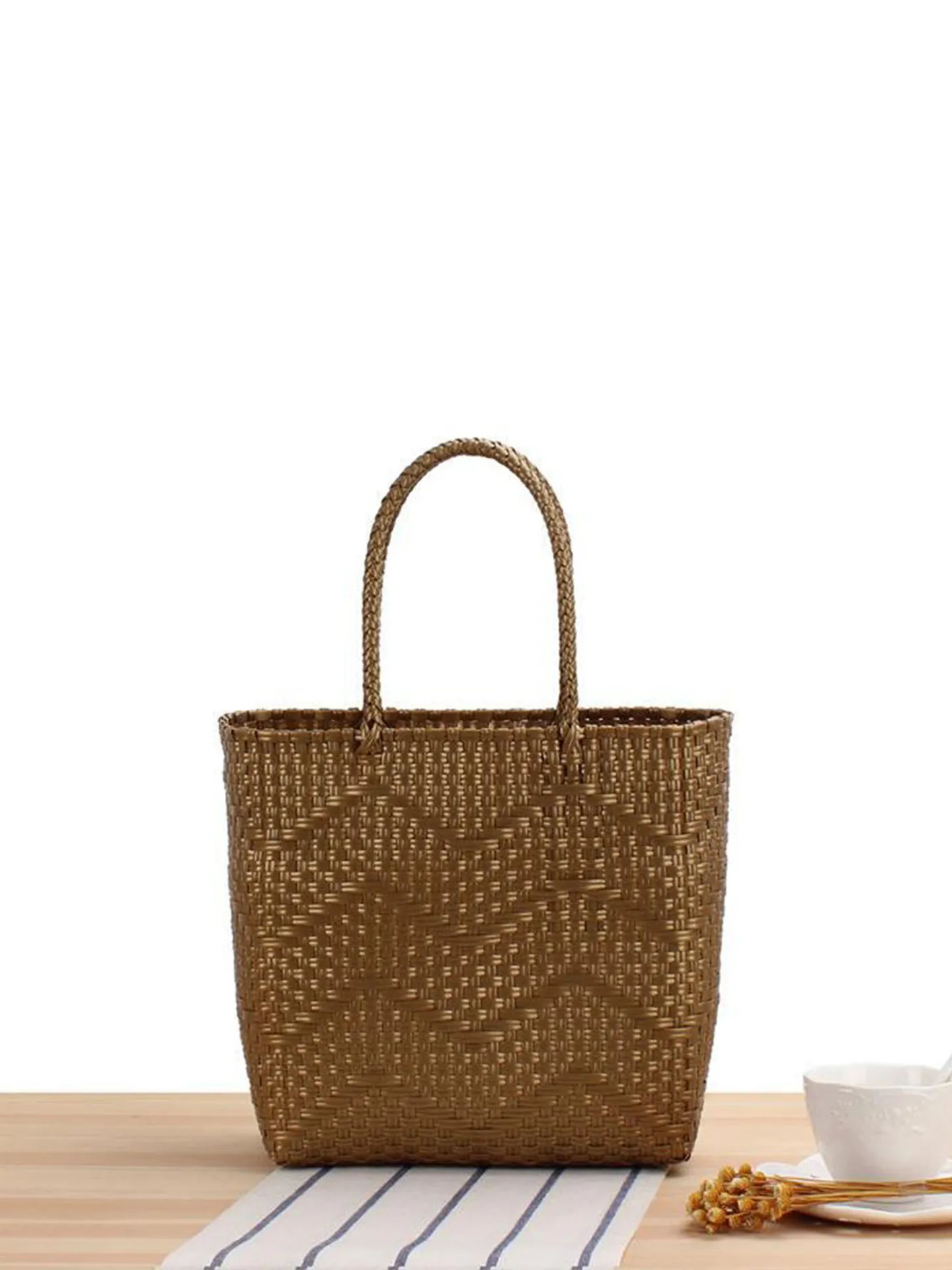 Handwoven Plastic Woven Tote Bag PVC Large Capacity Shoulder Handbag Daily Shopping Beach Vacation For Women