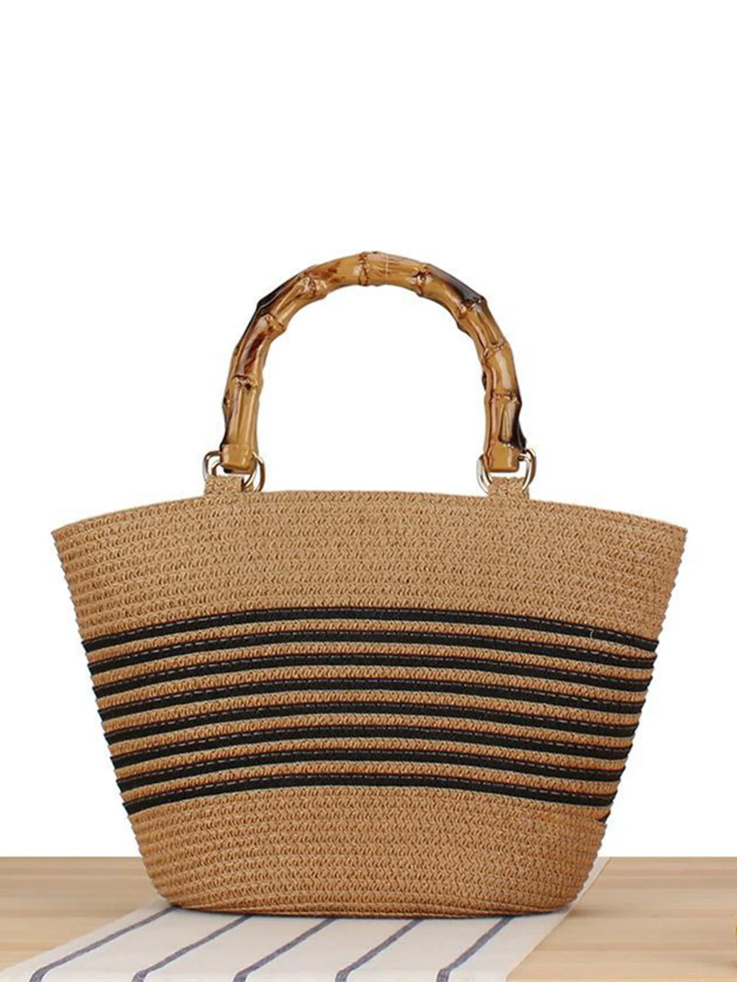 Woven Straw Handbag Contrast Striped Paper Rope Tote With Bamboo Style Handle Women Summer Beach Vacation Casual Purse