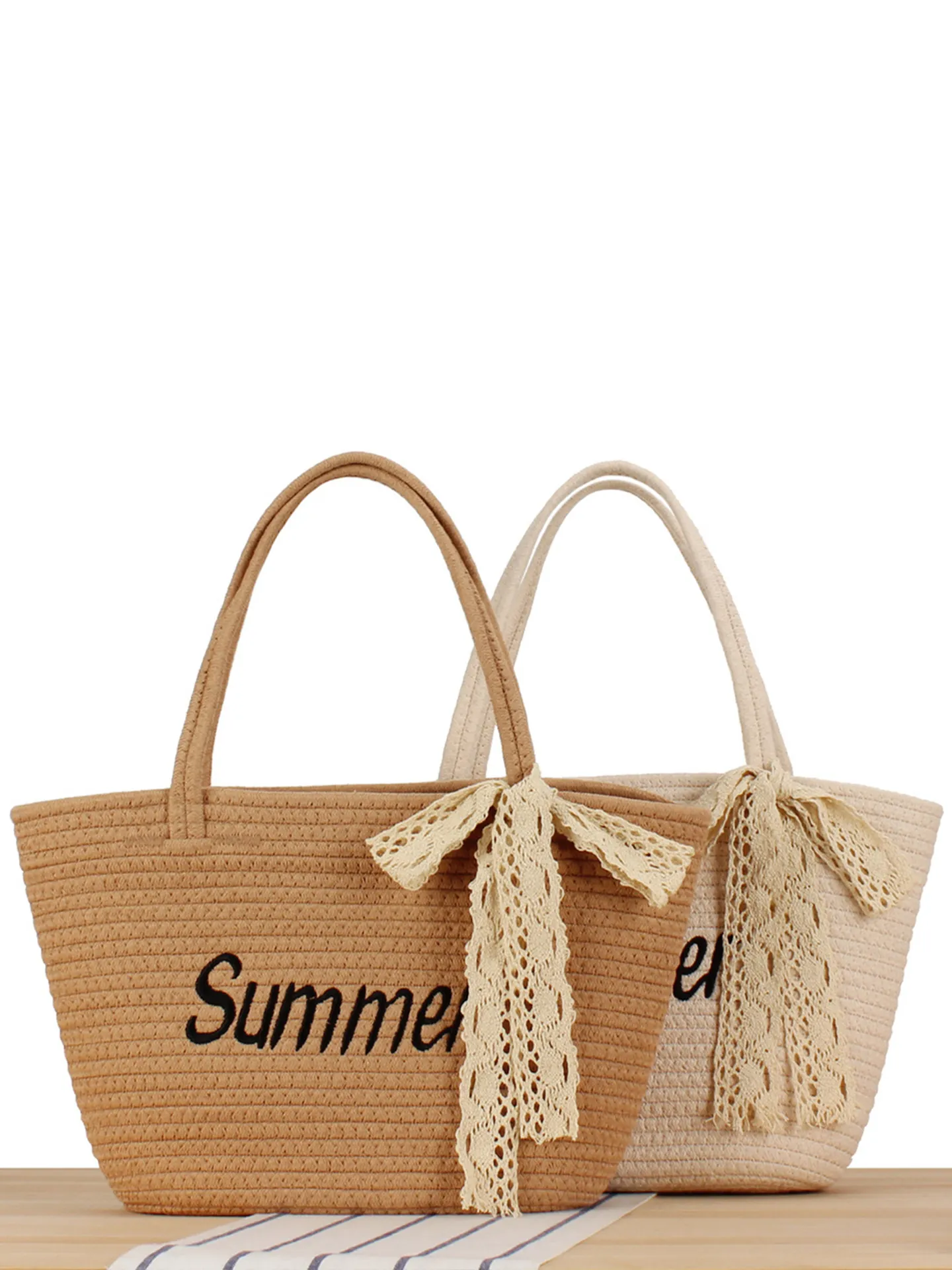 Sac Fourre-tout Tissé En Corde De Coton D'été Grande Capacité Sac Seau De Plage Vacances Broderie Lettres Noeud En Dentelle Pour Femmes