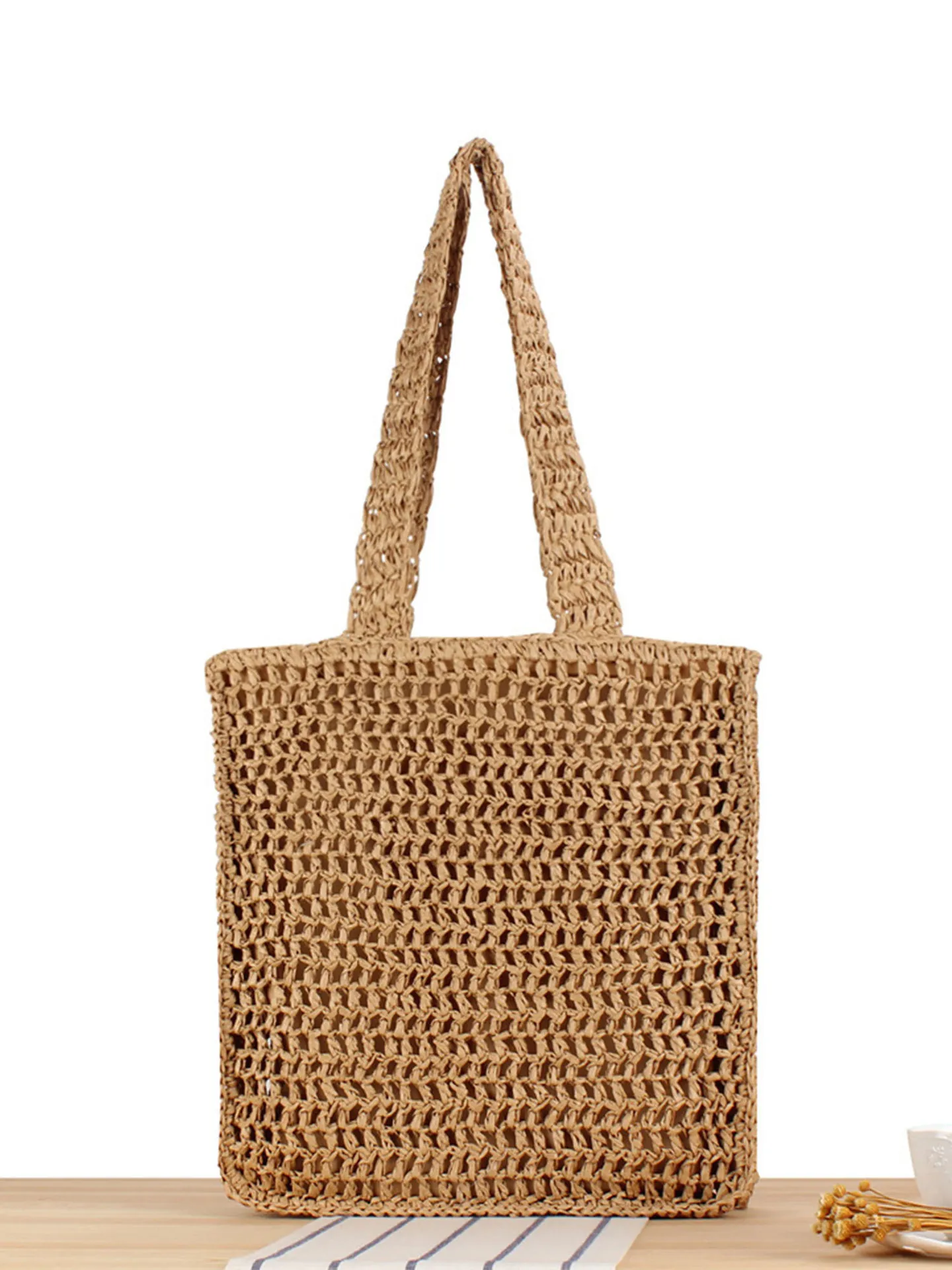 Women Woven Shoulder Bag Paper Rope Large Capacity Summer Beach Vacation Hollow Handwoven Minimalist Casual Tote Bag