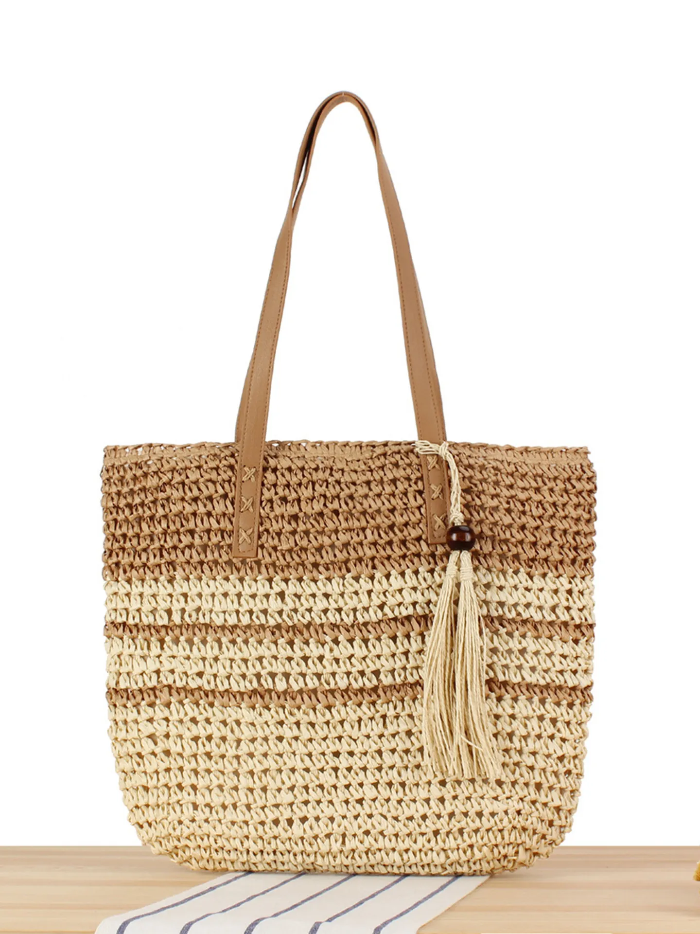 Sac À Épaule Tissé En Corde De Papier Pour Femmes Cabas Rayé De Couleur Contrastée Avec Gland Perle En Bois Vacances D'été
