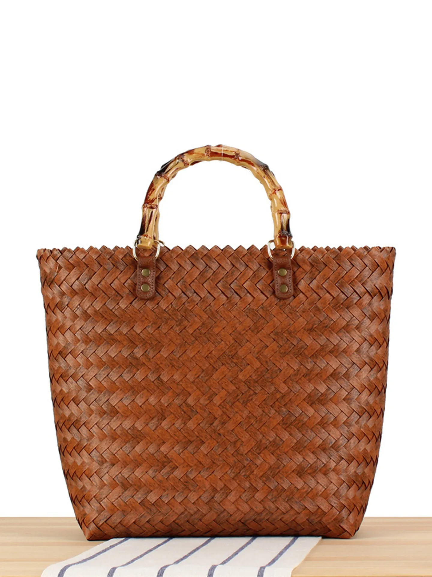 Retro Woven Handbag With Bamboo Style Handle PVC Plastic Basket Tote For Women Vacation Style