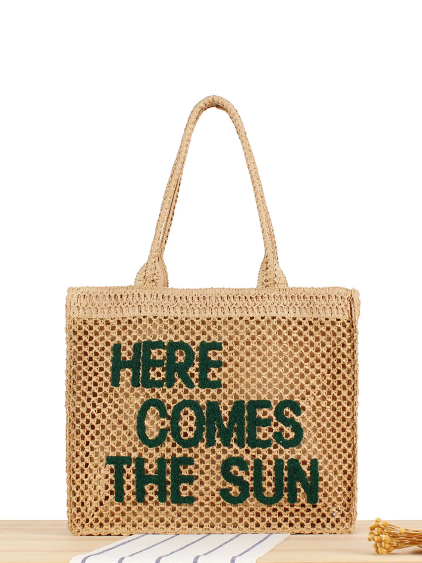 Woven Shoulder Bag Paper Straw Mesh Hollow Letter Embroidery Vacation Casual Beach Tote For Women