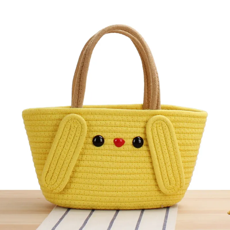 Handmade Cotton Rope Woven Handbag Cute Cartoon Chick Design Soft Yellow Tote Bag For Women Girls Casual Daily
