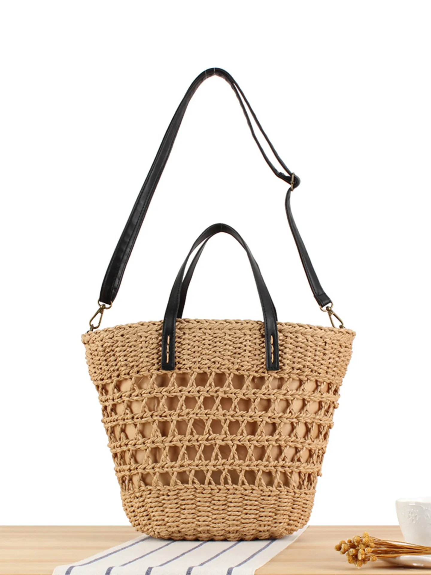 Handwoven Paper Rope Straw Tote Bag Hollow Mesh Handbag PU Leather Handle Summer Beach Vacation Retro Style For Women