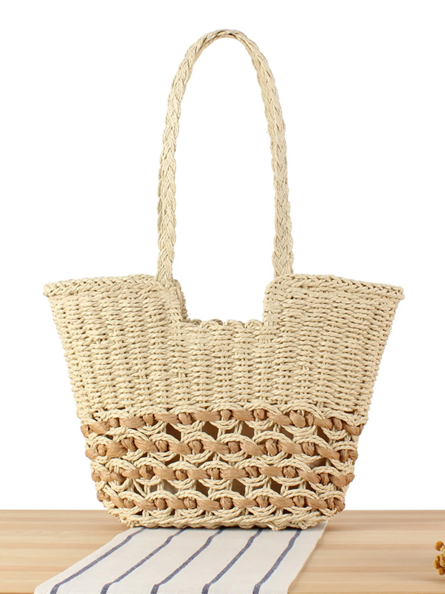 Sac À Épaule Tissé Pour Femmes Corde En Papier Ajouré Grande Capacité Plage Vacances Décontracté Style Bohême Sac À Main