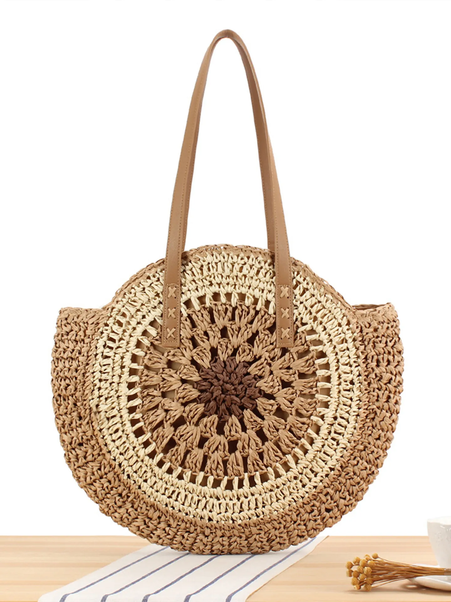 Handmade Round Woven Shoulder Bag Paper Rope Straw Beach Vacation Large Tote Mandala Pattern Faux Leather Straps Women