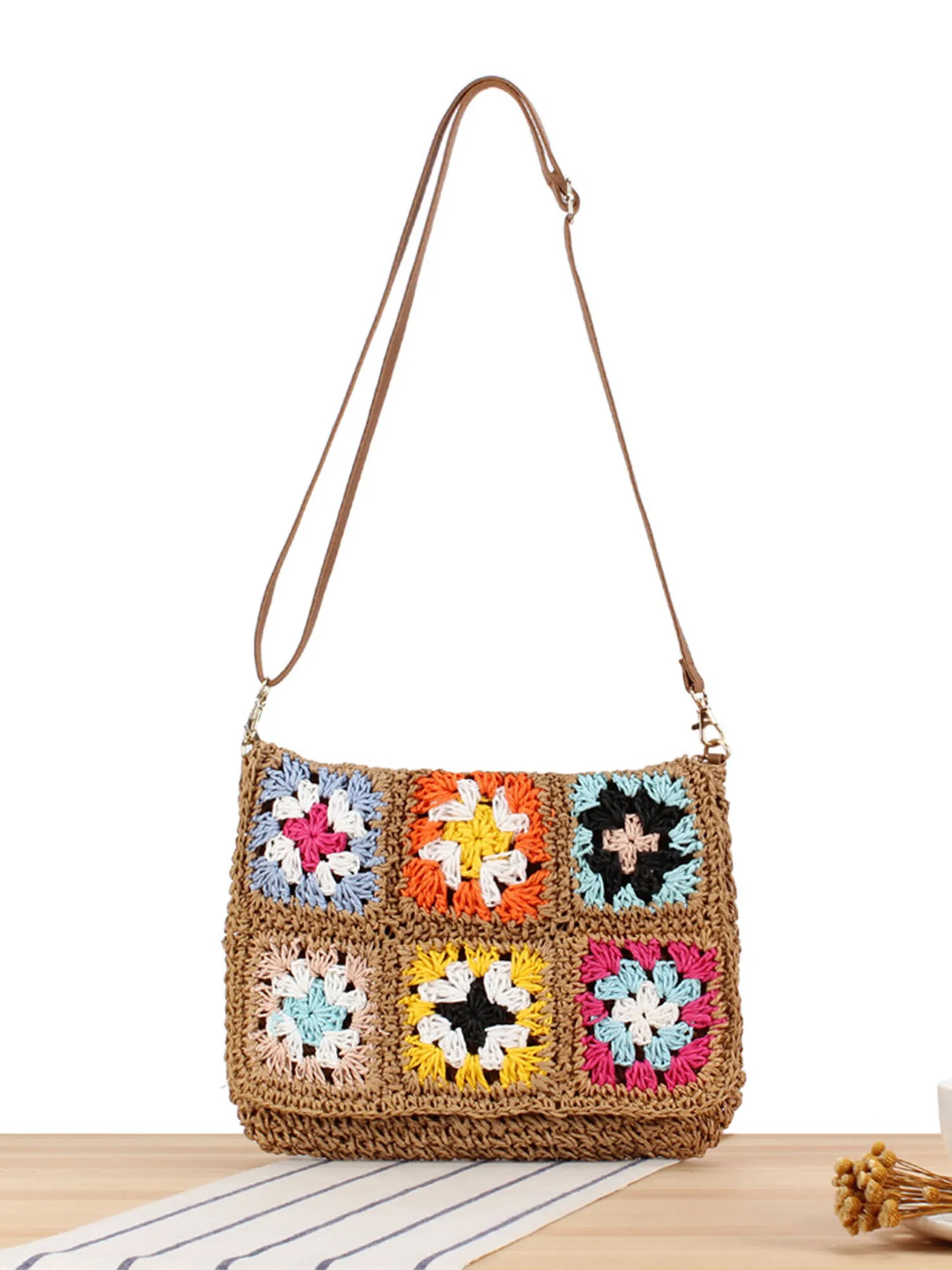 Handmade Crochet Crossbody Bag Woven Paper Rope Floral Granny Square Bohemian Vintage Flap Shoulder Bag For Women