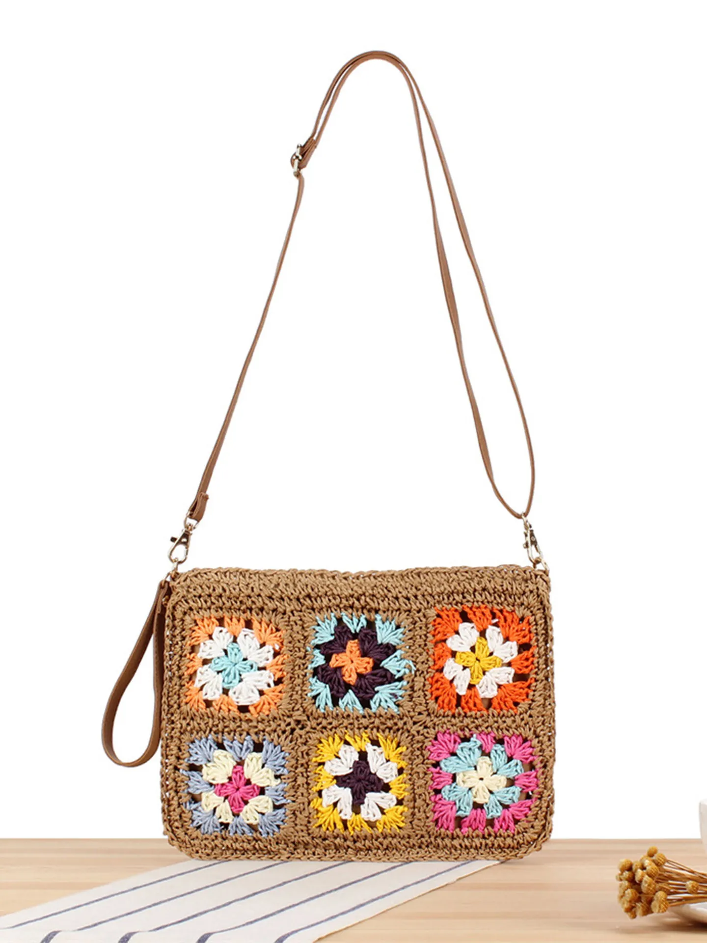 Borsa A Tracolla All Uncinetto Fatta A Mano In Corda Di Carta Retro Granny Square Fiore Pochette Donna Vacanze Stile Boho