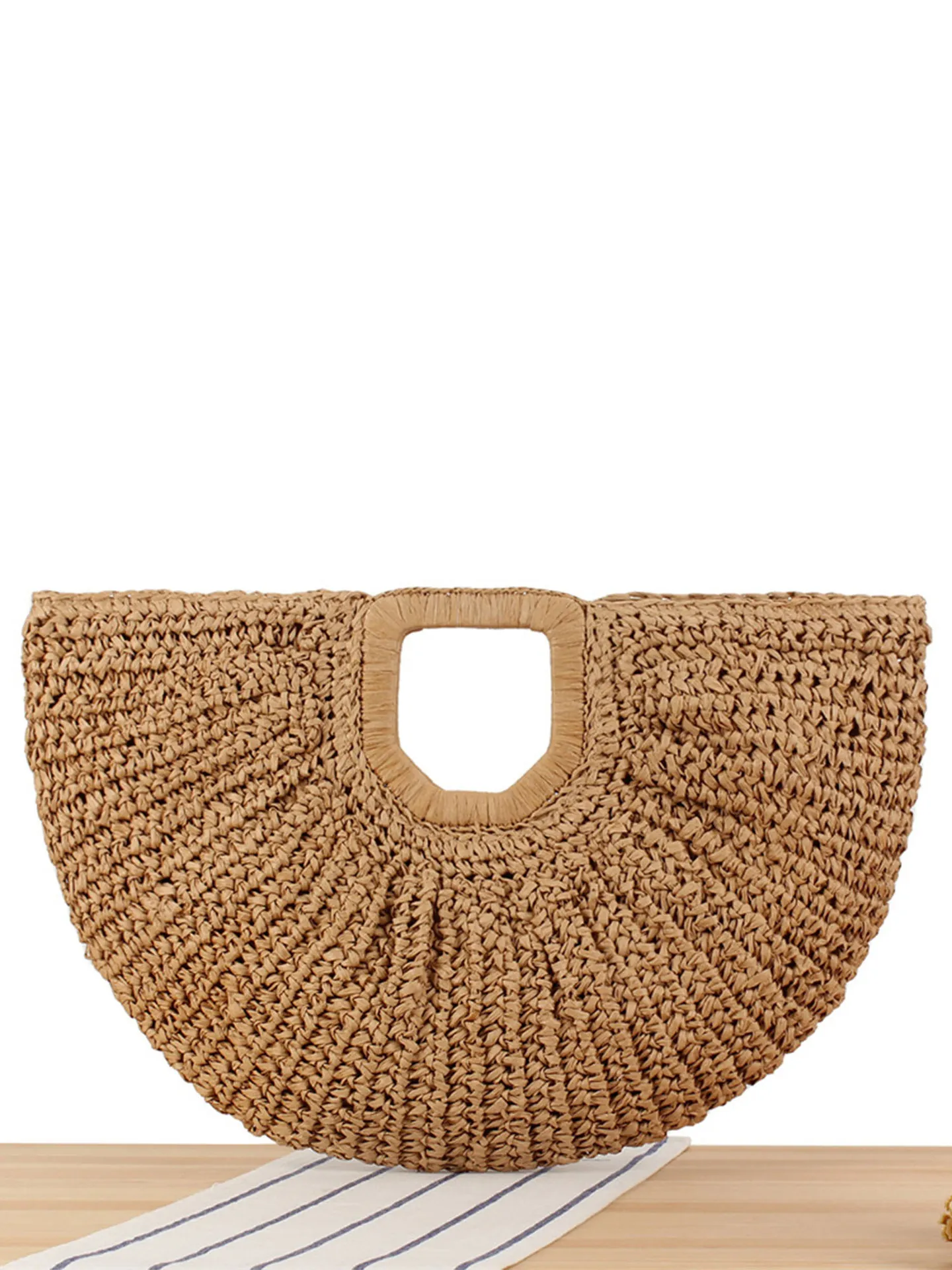 Hand Woven Paper Rope Moon Handbag Bohemian Vintage Summer Beach Tote For Women With Zipper Closure