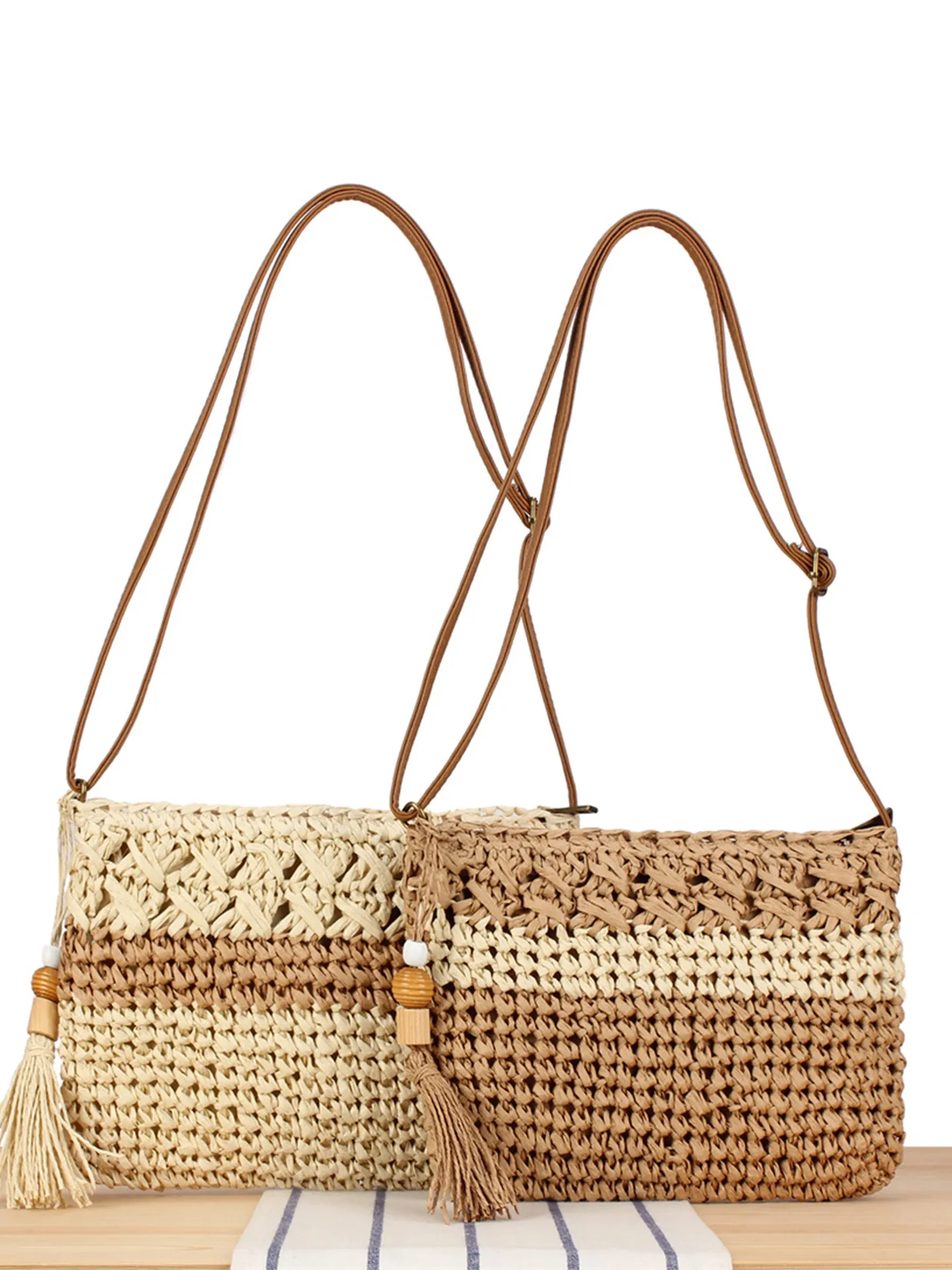 Sac Bandoulière En Corde De Papier Tissé À La Main Gland Perle De Bois Bohème Vacances À La Plage Été Sac À Épaule Pour Femmes