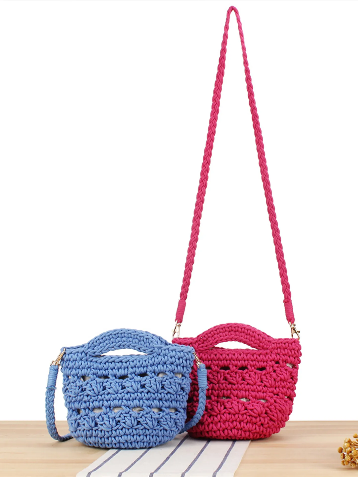 Sac Bandoulière Crochet Corde Coton Tissé Mini Seau Sac À Main Boho Plage Décontracté Femmes
