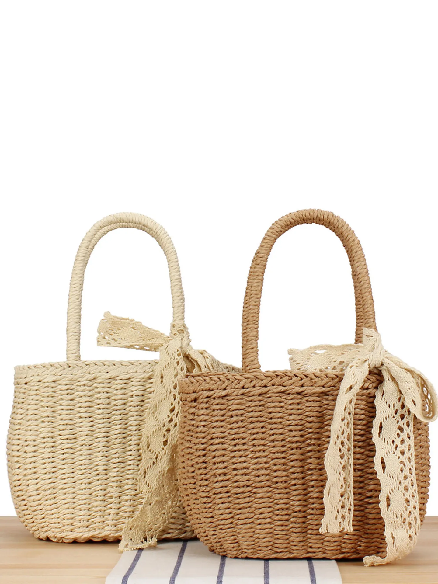 Woven Handbag Paper Rope Straw Bag With Lace Ribbon Bow Vacation Beach Casual Style For Women