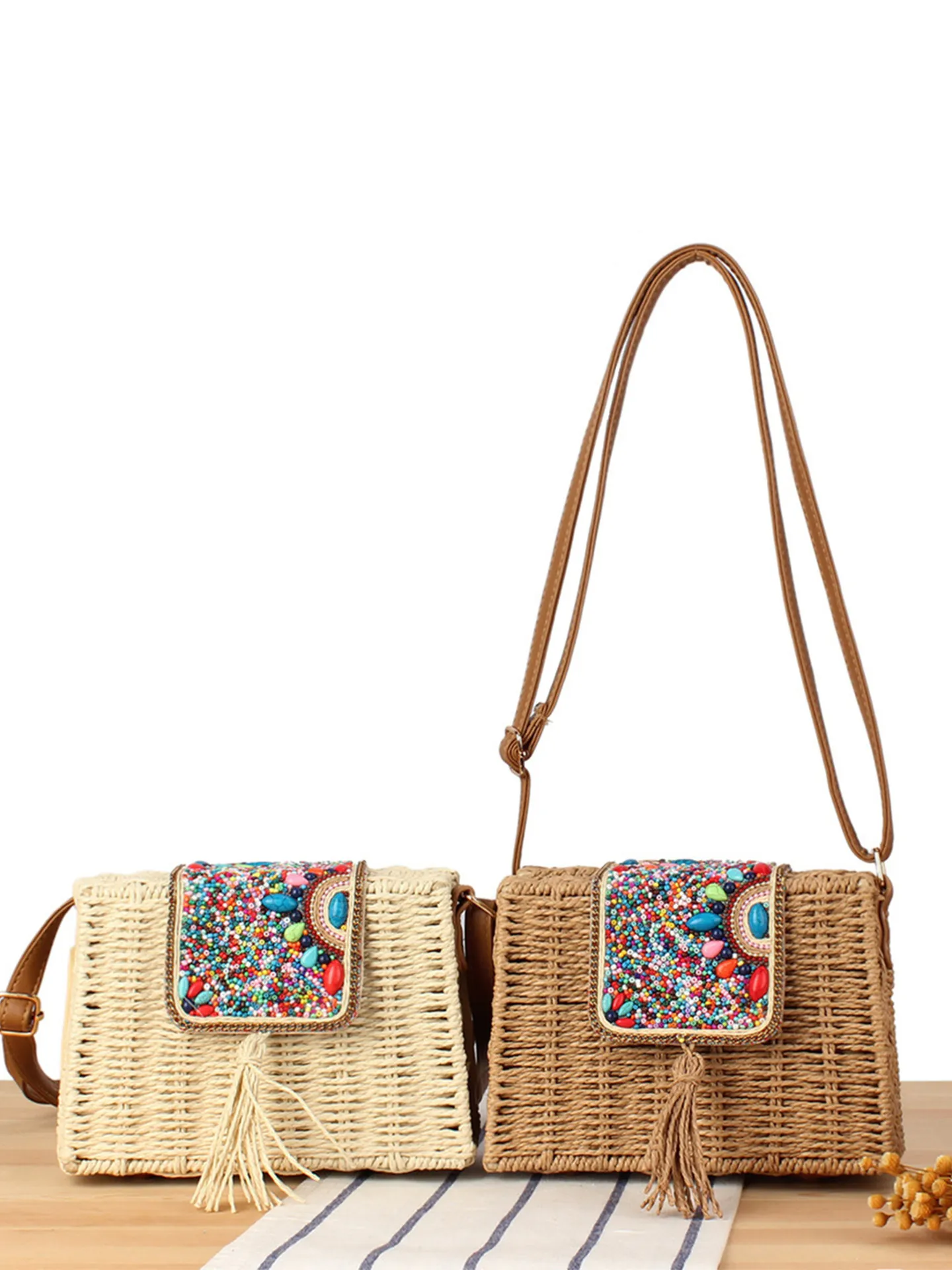 Petit Sac Bandoulière Bohème Tissé Main En Corde De Papier Avec Broderie De Perles Colorées Et Gland Pour Femmes