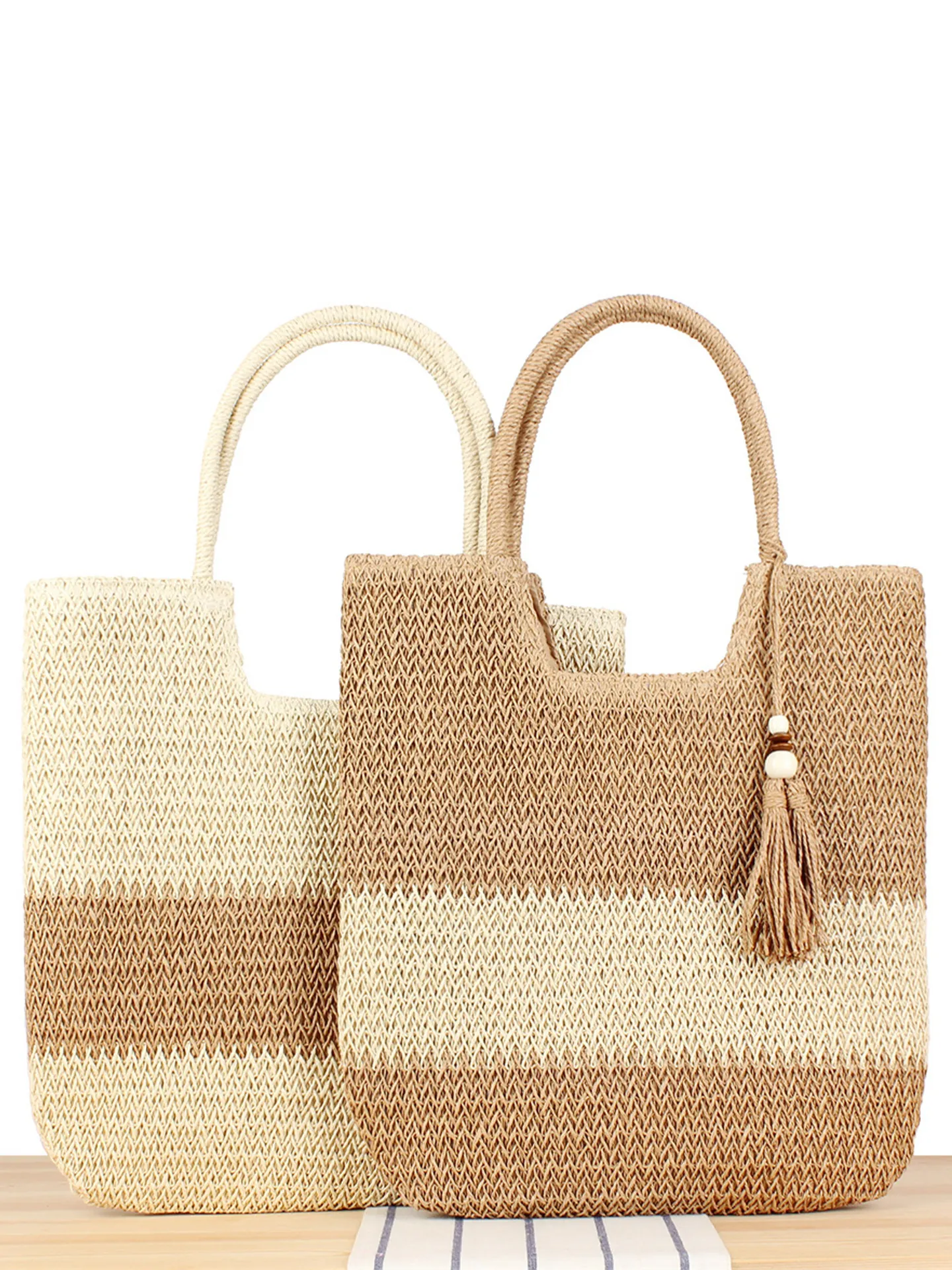 Bolso de Mano Grande Tejido para Mujer Cuerda de Papel Paja Bolso de Hombro Playa Con Borla Estilo Bohemio Vacaciones Rayas de Contraste