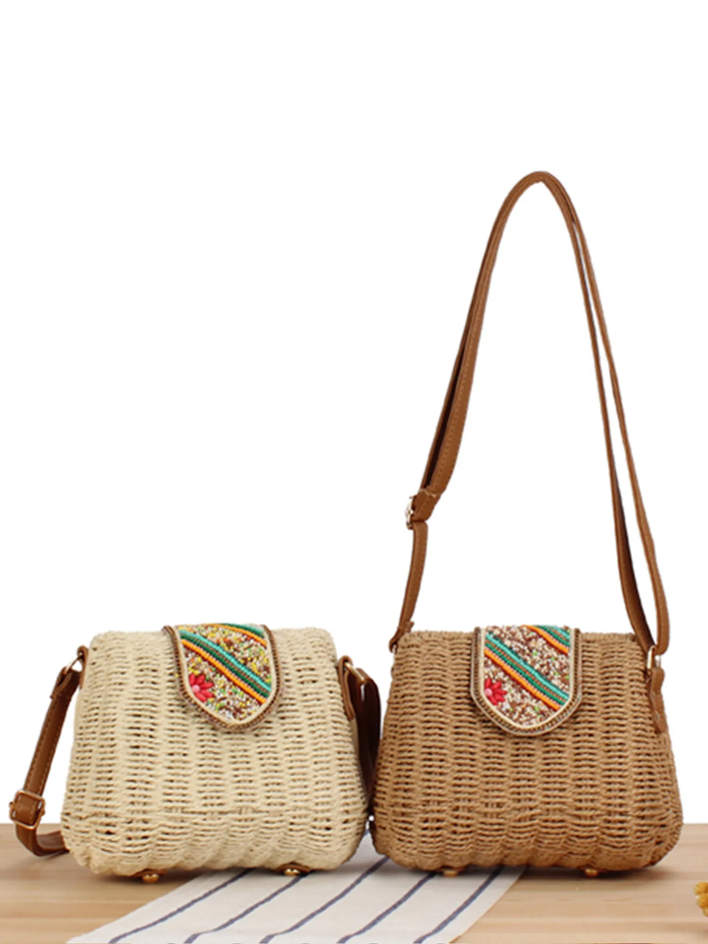 Women Woven Crossbody Bag Paper Rope Colorful Flap Beadwork Embroidery Bohemian Vacation Small Purse With PU Leather Strap