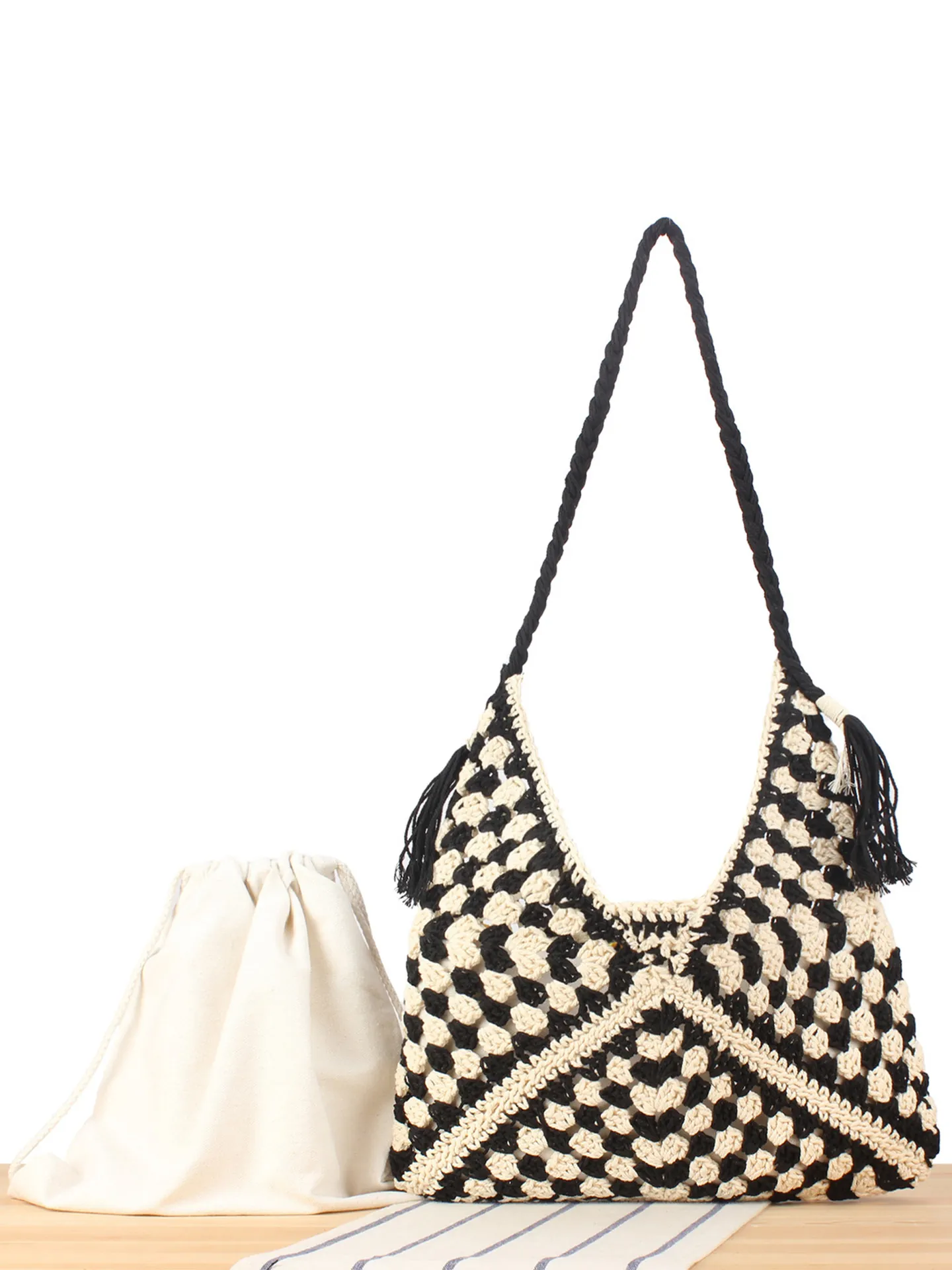 Borsa A Spalla All'uncinetto Fatta A Mano Corda Cotone Intrecciata Geometrica Nappine Boho Estate Con Tasca Interna