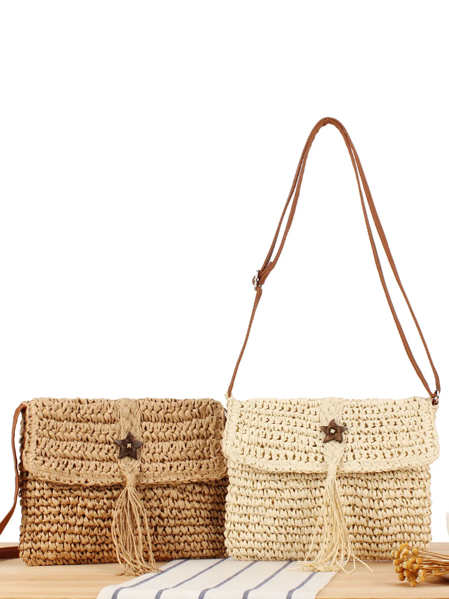 Woven Paper Rope Crossbody Bag For Women Bohemian Beach Vacation Shoulder Bag With Tassel Wood Star Decor