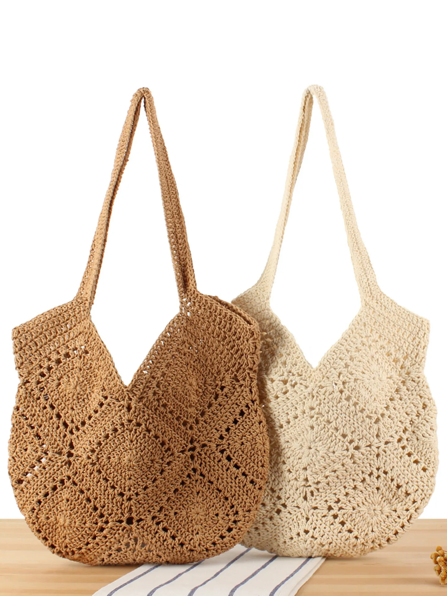 Crochet Tote Bag Cotton Rope Hand-Knit Hollow Out Summer Beach Shoulder Bag With Drawstring Pouch For Women