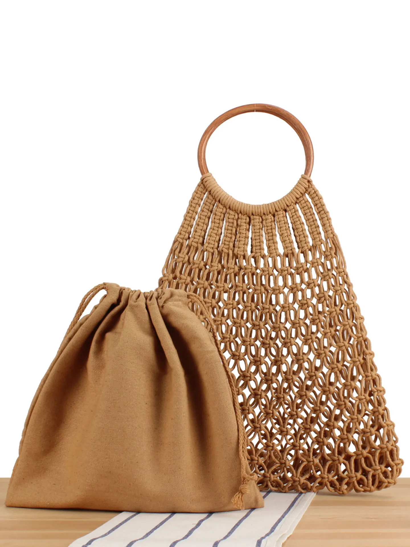 Handmade Cotton Rope Woven Handbag With Rattan Handles And Fabric Inner Pouch Bohemian Summer Beach Mesh Tote