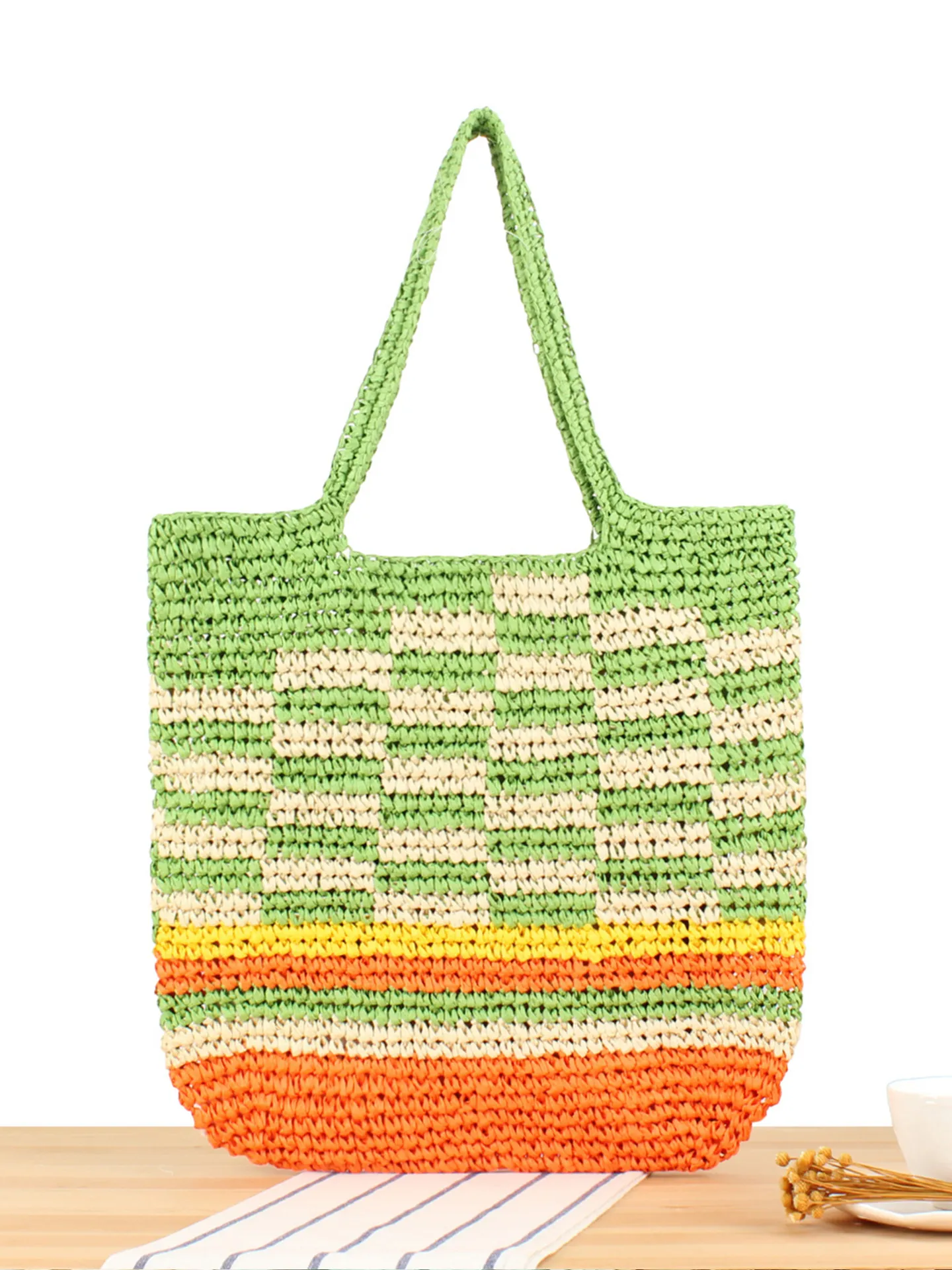 Multicolor Paper Rope Woven Tote Bag Checkered Striped Large Capacity Handmade Summer Beach Shoulder Bag For Women