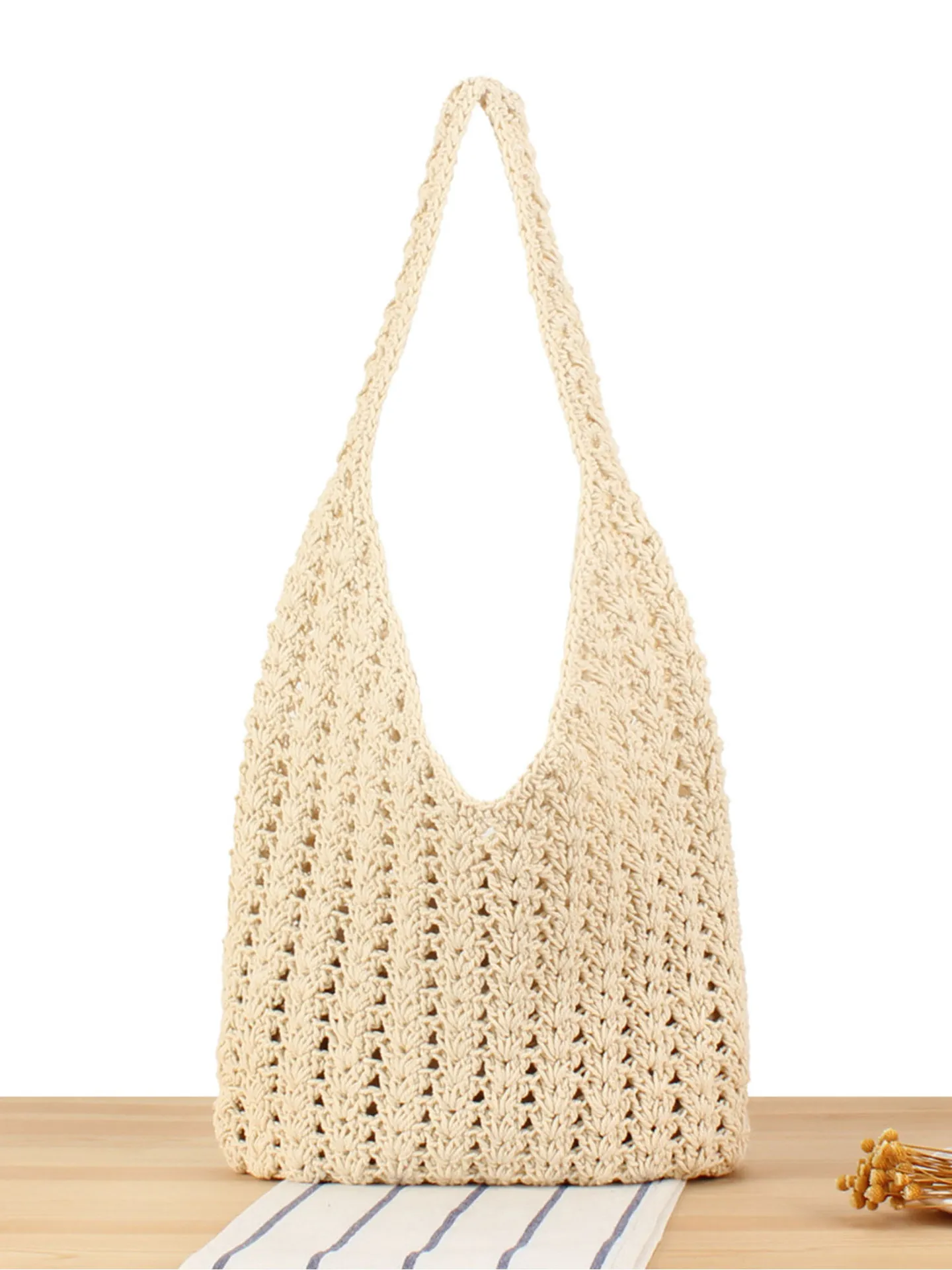 Cotton Rope Crochet Shoulder Bag Women Hollow Out Handmade Minimalist Casual Beach Vacation Hobo Tote