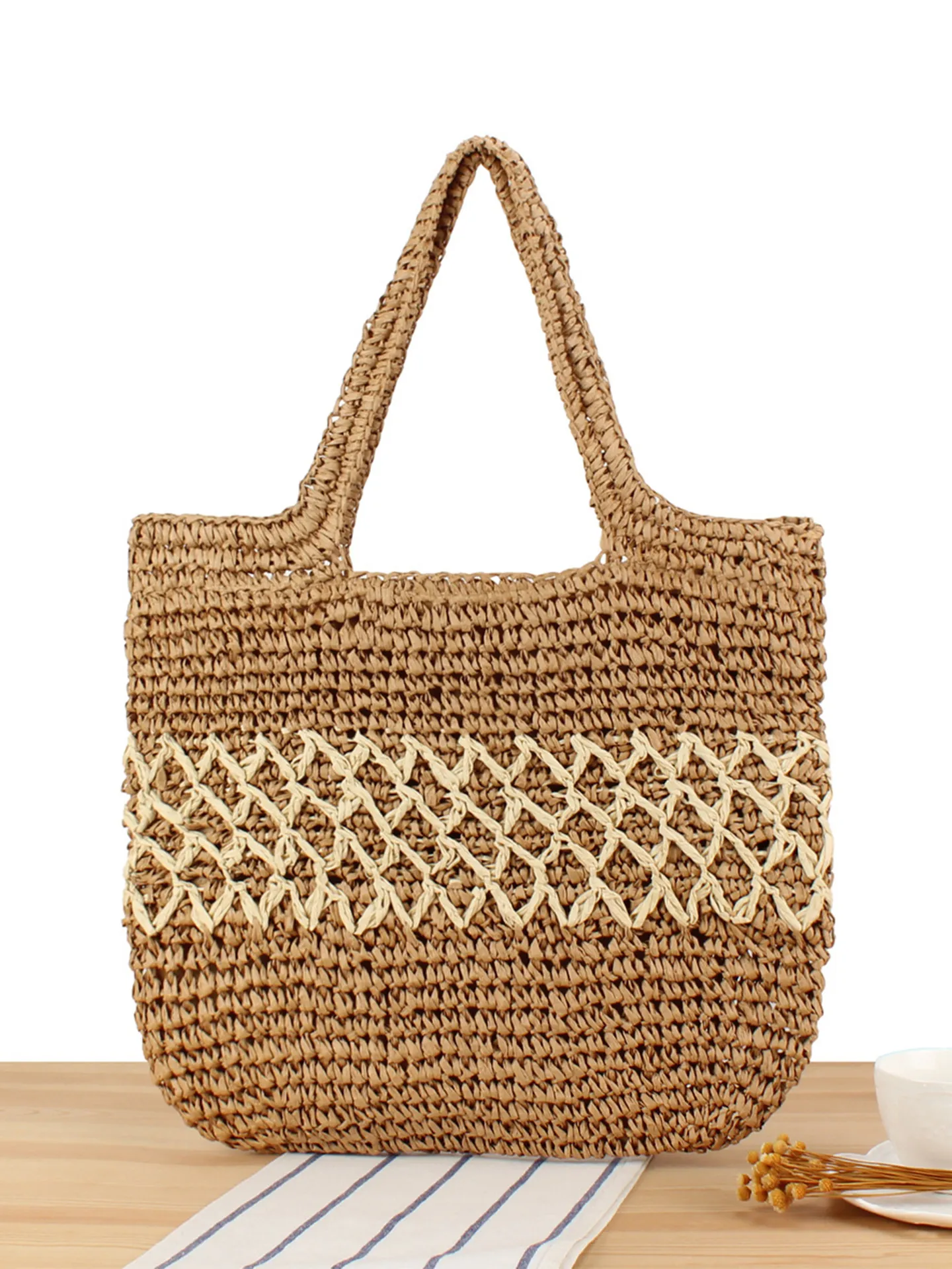Sac Fourre-Tout Tissé Pour Femmes Sac à Main En Corde De Papier Couleur Contrastée Plage Vacances