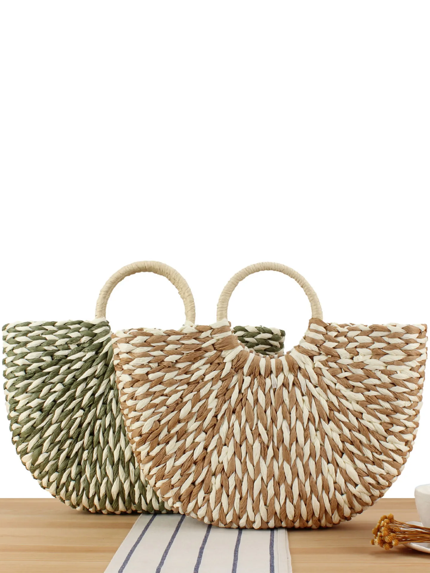Women Handwoven Paper Rope Handbag Contrast Color Round Handle Summer Beach Holiday Vacation Large Capacity Bohemian