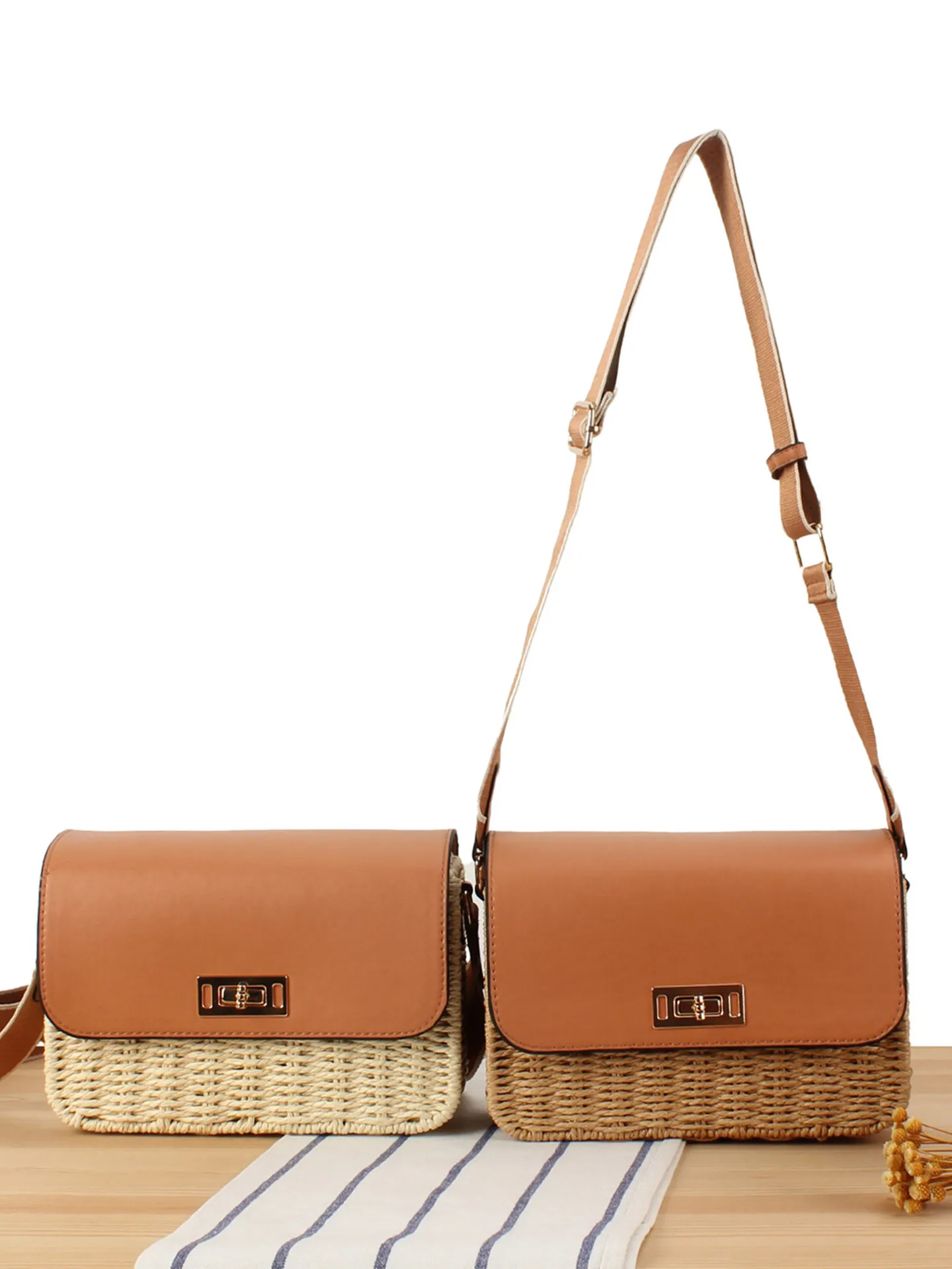Woven Crossbody Bag Paper Rope And PU Leather Flap Small Square Beach Purse Casual Fashion For Women
